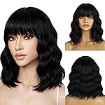 BERON 14 Inches Black Wigs with Bangs for Women Short Curly Wig Black Bob Wig for Girl Natural Looking Wavy Wigs