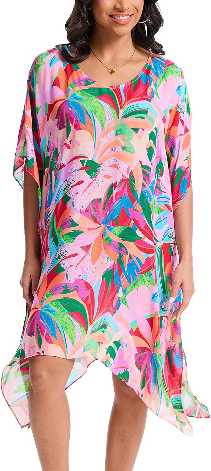 Moss Rose Women's Beach Kaftan Dresses Kimono Swimsuit Cover up for Bathing Suit with Floral Pattern