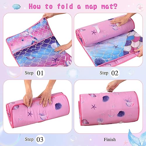 Miniatura 5 de Wowelife Tapete para siesta para niños pequeños con almohada y manta, tapete morado para siesta de sirena para niñas, tapete de siesta preescolar