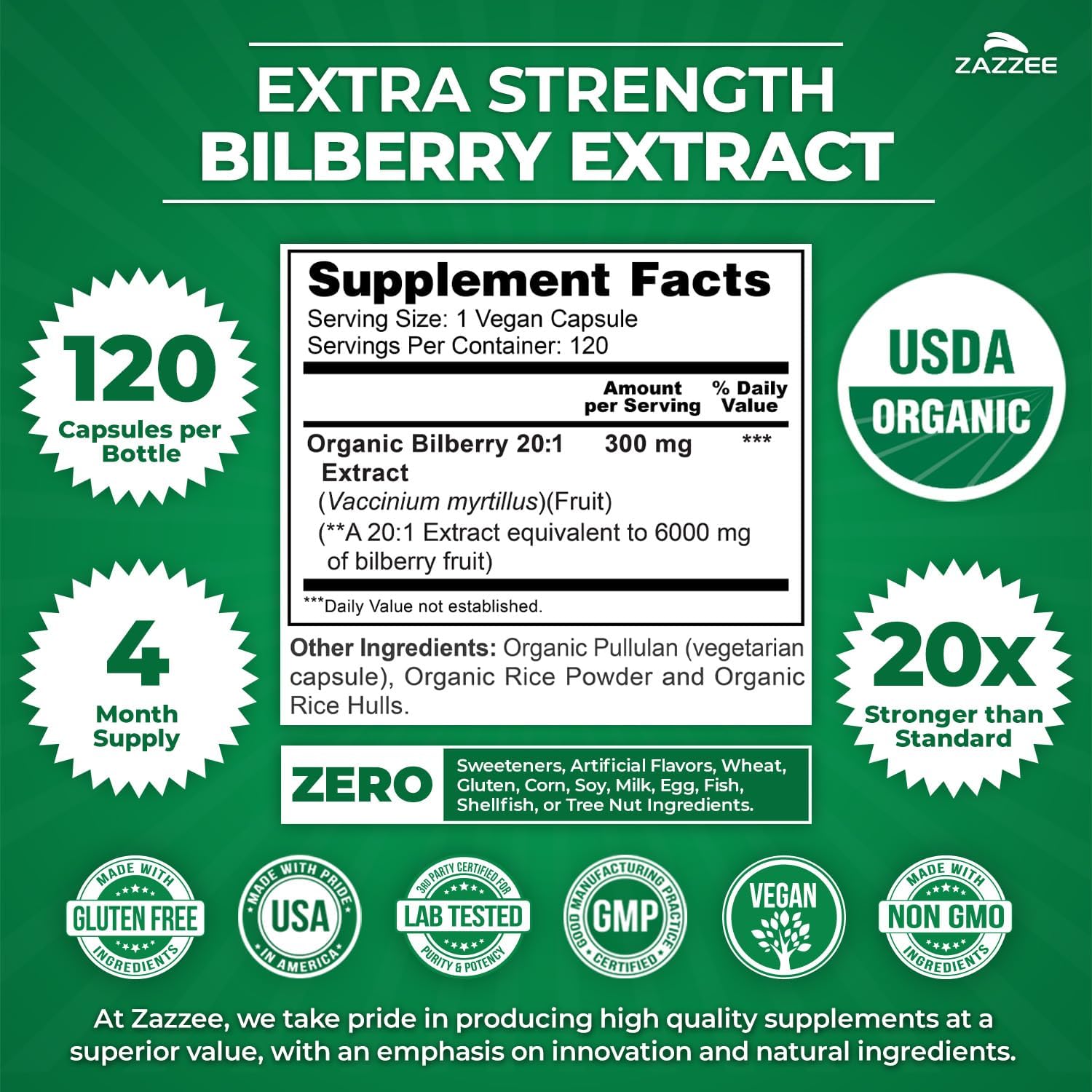 Zazzee USDA Organic Bilberry 20:1 Extract, 120 Vegan Capsules, 4 Month Supply, Vaccinium Myrtillus, Eye Health, Vision & Antioxidant Support, All-Natural, Non-GMO, Made in the USA