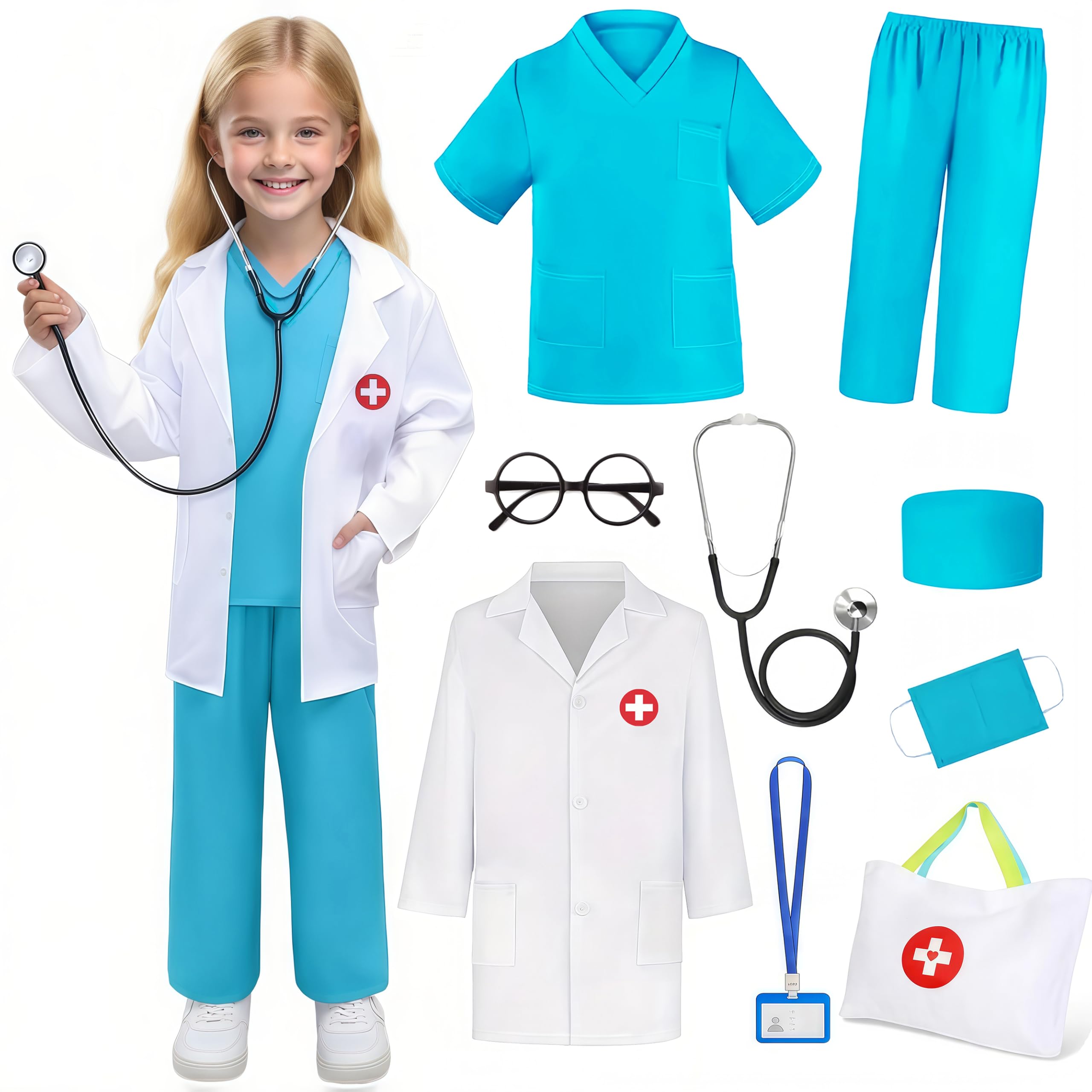 Wbesty Doctor Costume for Kids 9PC Boys Girls Doctor Role Play Outfit with Bag Kids Scrubs Dress Up for Halloween Pretend Play, Blue 7-8Y — image 1