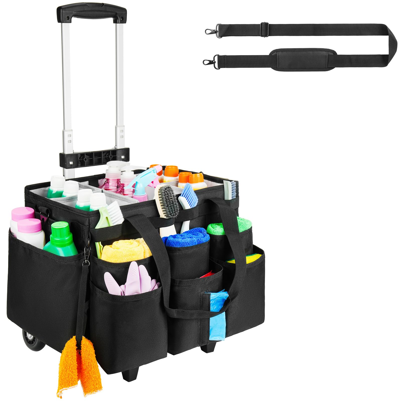 Cleaning Bag with Wheels,Large Rolling Cleaning Caddy Cart with Detachable Trolley for Housekeepers,Cleaning Supplies Organizer with Adjustable Shoulder Strap