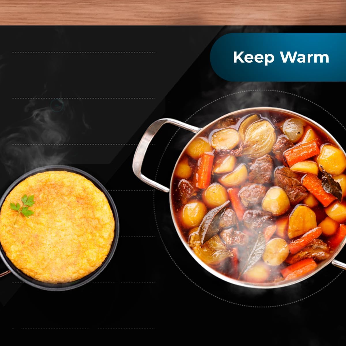 Induction hob with a pot and a pan, showing the 'Keep Warm' function