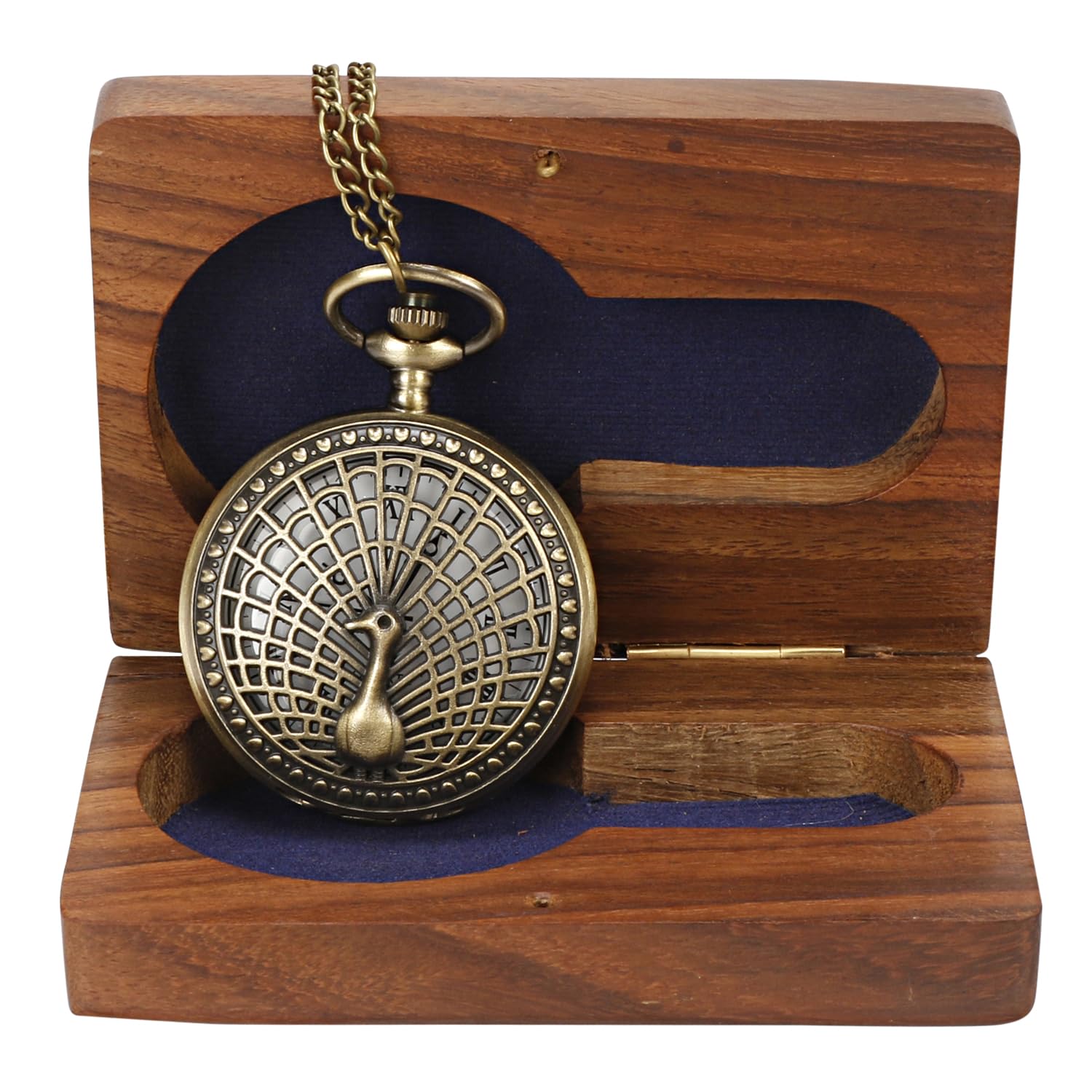 ARTVARKO Orologio da taschino in stile vintage, quadrante rotondo, quadrante al quarzo, con pavone inciso e catena lunga, numeri romani, con scatola in legno