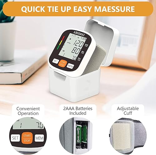 Miniatura 3 de Monitor automático de presión arterial de muñeca: puño ajustable + batería 2AAA y estuche de almacenamiento - Detector de latidos cardíacos Negro