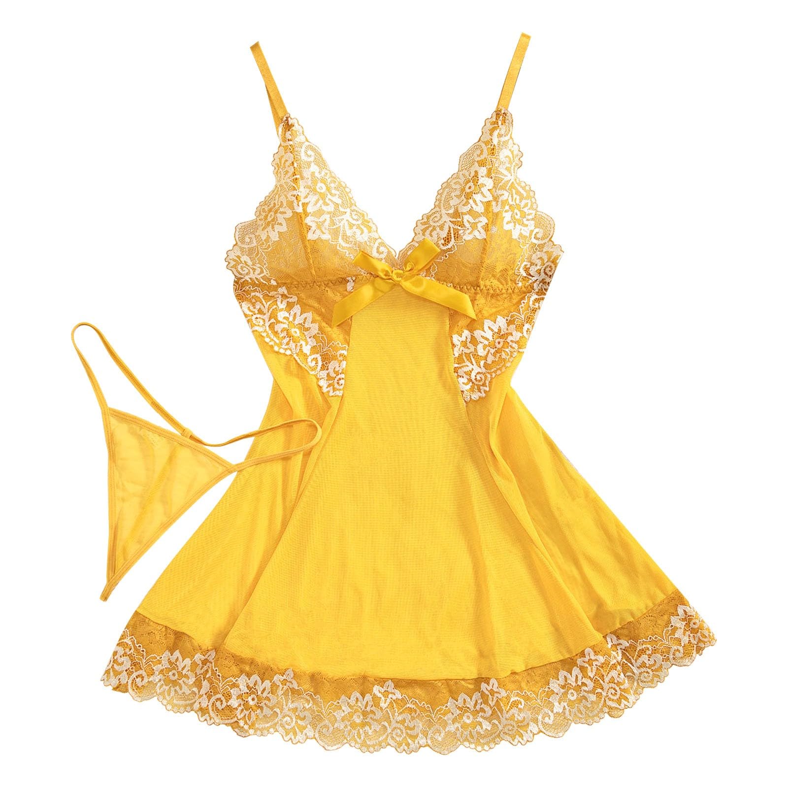 Generisch Chemise de nuit pour femme - Courte - Sans manches - Sexy - En dentelle - Col en V profond - Robe de nuit douce - Nuisette sexy - Satin