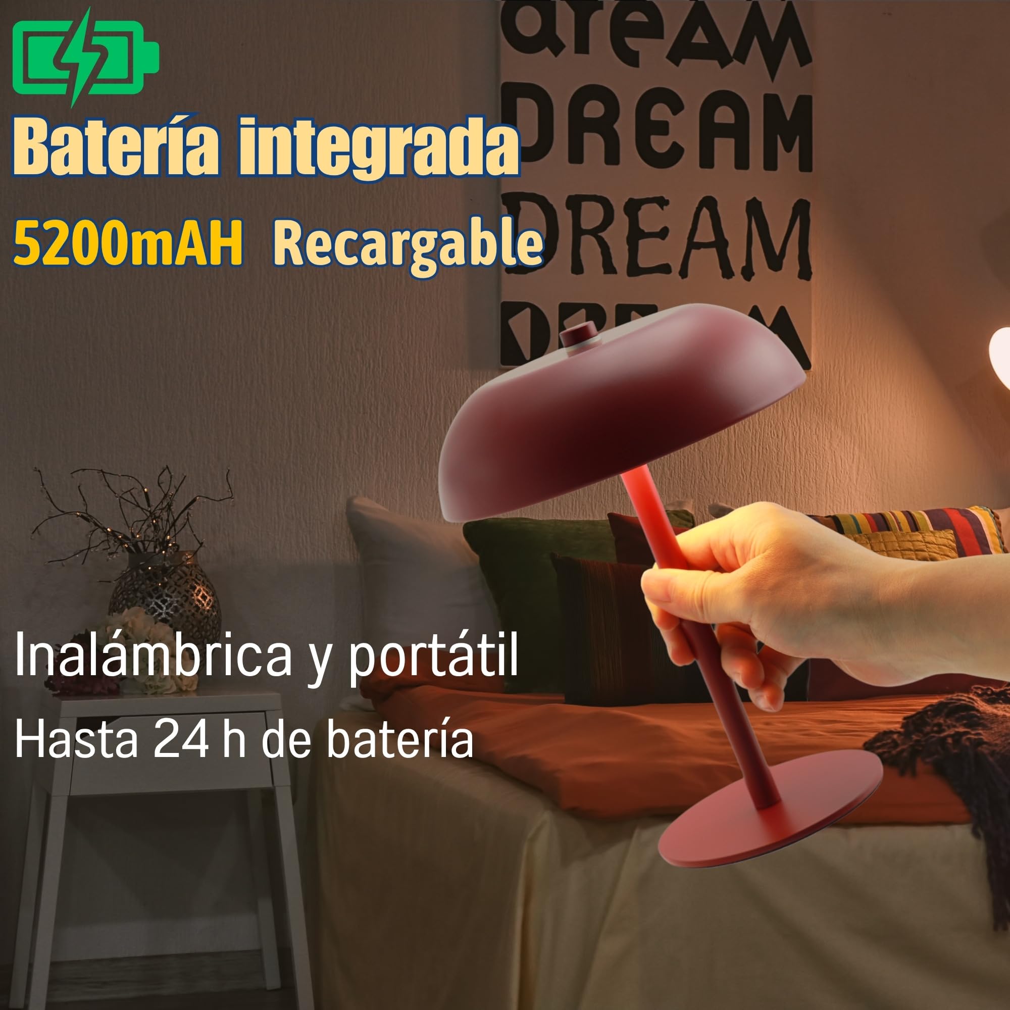 Lampada da tavolo a fungo a LED, batteria 5200 mAh, dimmerabile, 3 colori