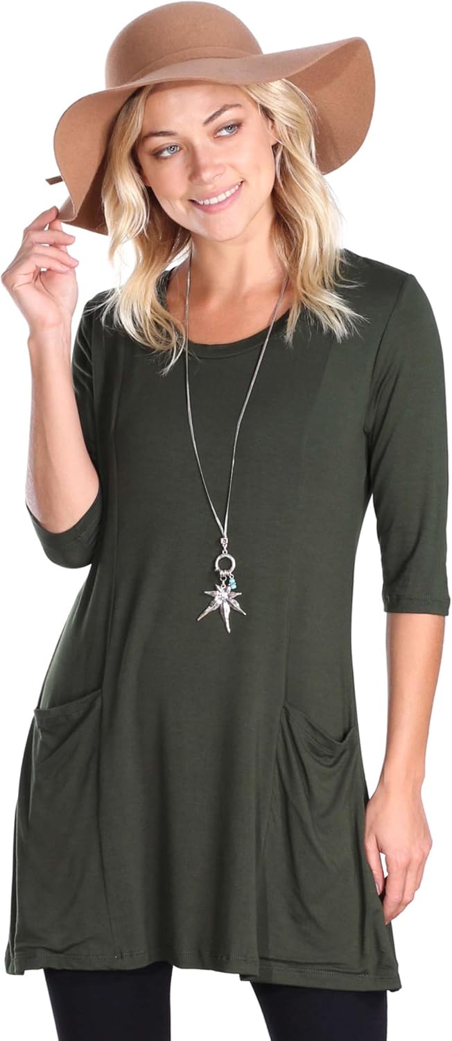 Popana Women’s 3/4 Sleeve Tunic Top – Scoop Neck Long Tunic Shirts to Wear with Leggings with Pockets