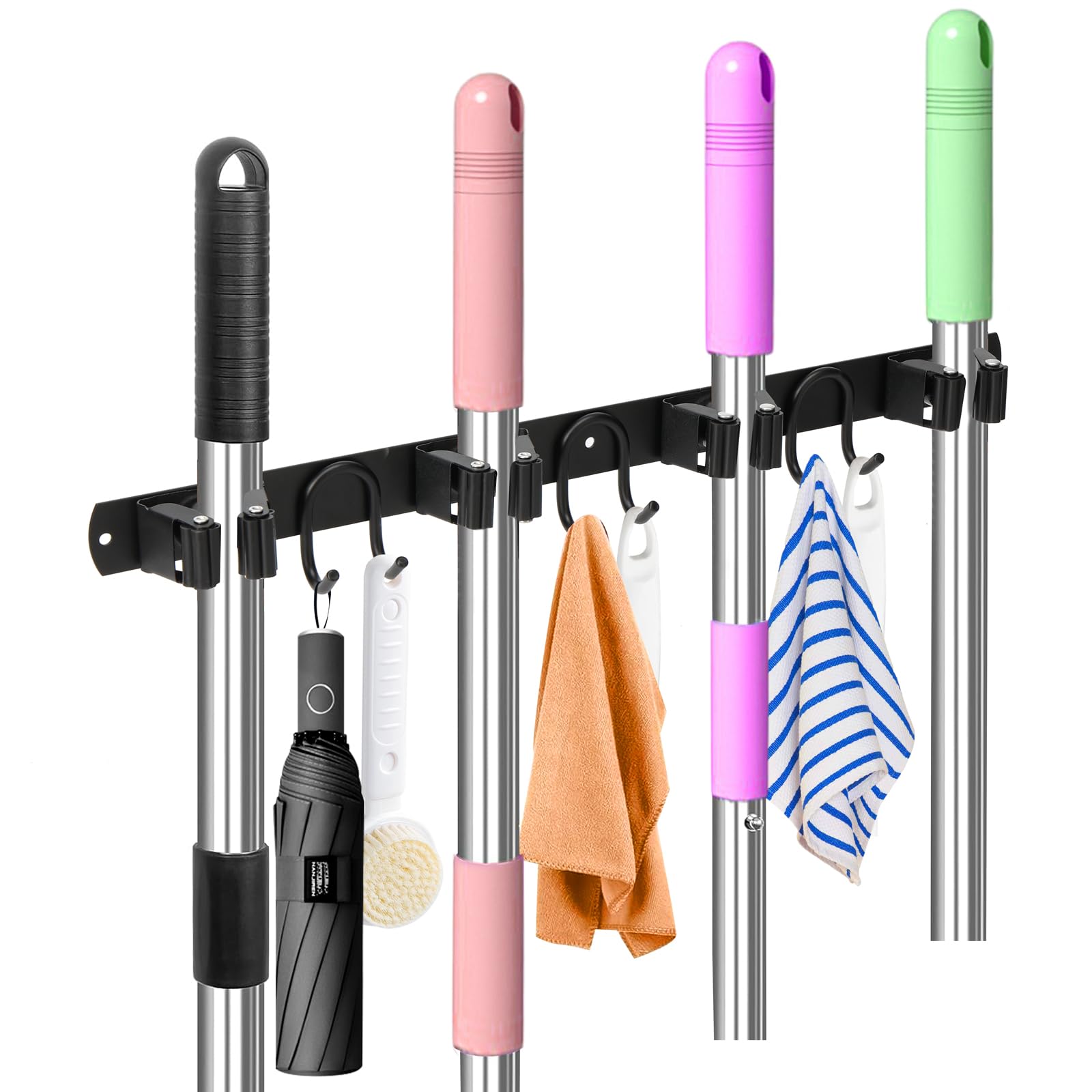 Soporte de pared para escoba de fregona, organizador de almacenamiento de herramientas de acero inoxidable negro para cocina, jardín, garaje, cuarto de servicio, baño y RV con 4 ranuras y 6