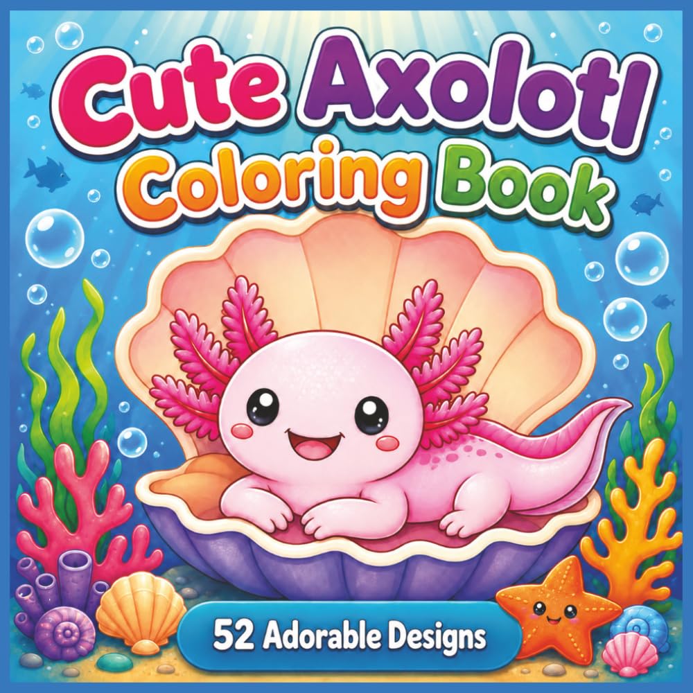 Cute Axolotl Coloring Book: 52 Cute and Easy Coloring Pages for Kids with Adorable Axolotls, Ocean Friends, Sea Creatures, and Underwater Adventures