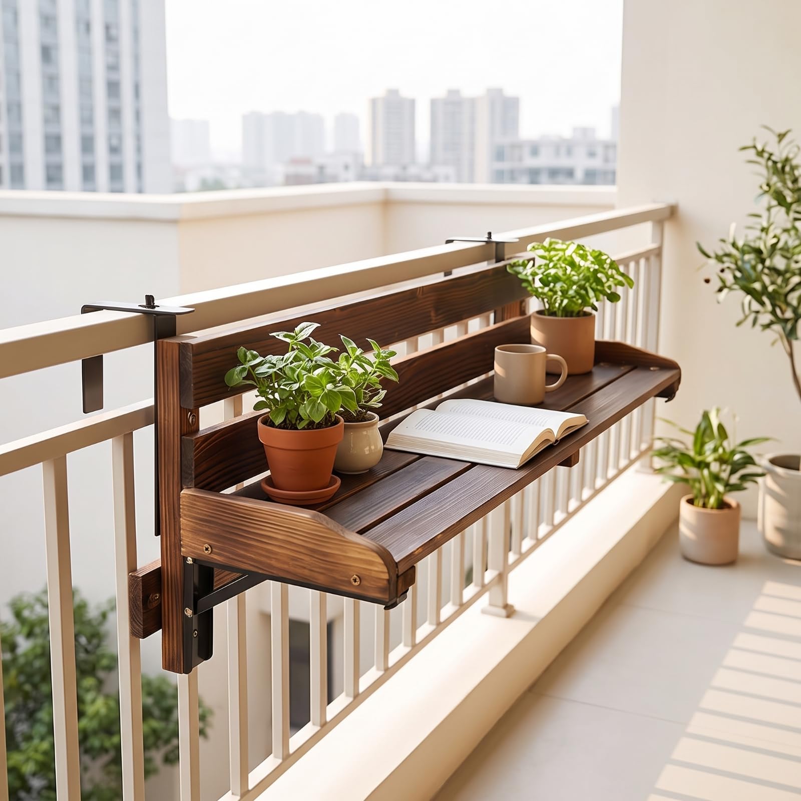 Tavolo Sospeso da Ringhiera Compatto Mensola da Balcone con Staffe Resistente per Terrazzo, 60cm, Carbonizzato