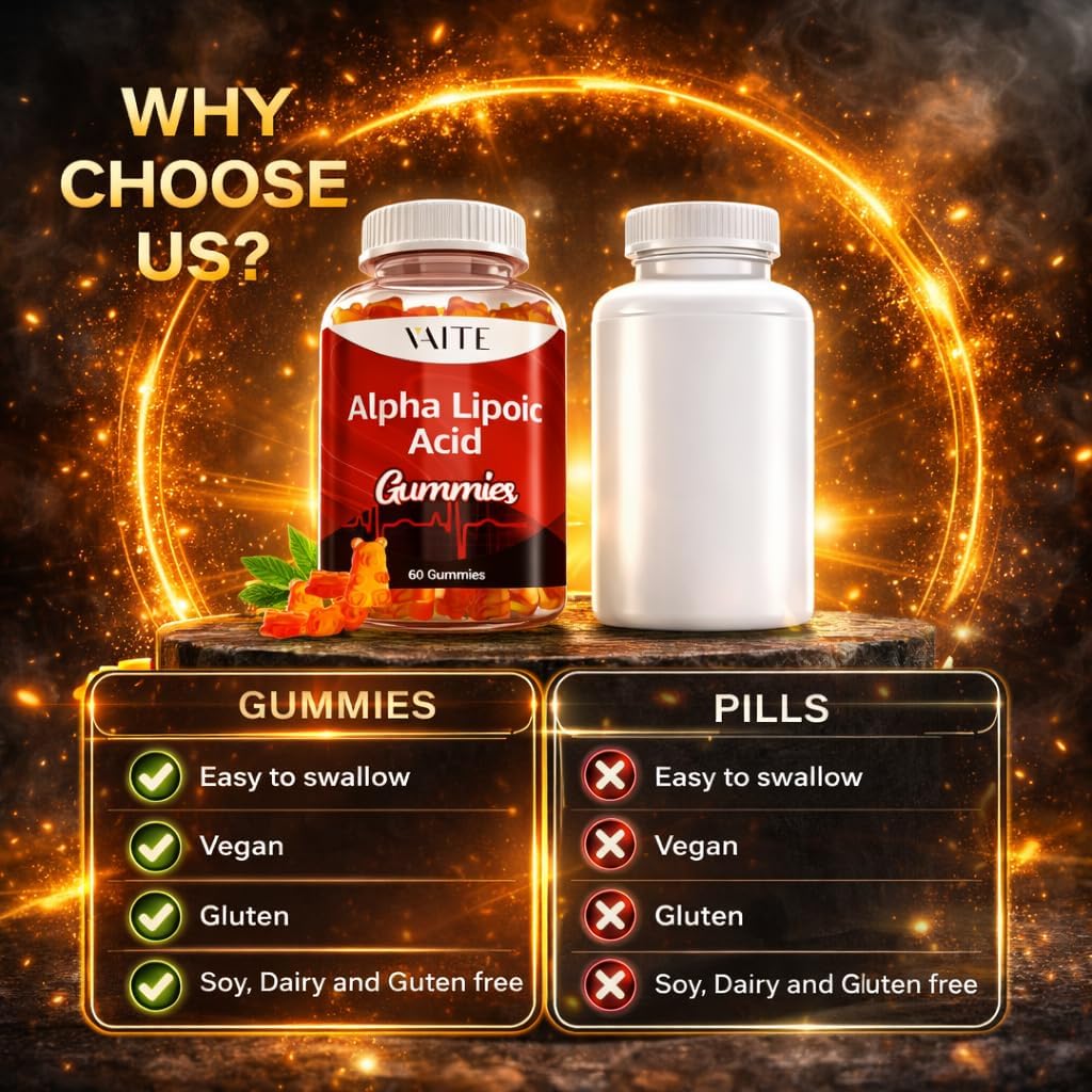 VAITE Alpha Lipoic Acid Gummies 1000mg, ALA Supplement for Brain & Nerve Support, Antioxidant, Energy – Non-GMO, Vegan, Gluten-Free – 60 Chewables for Vitality and Comfort for Men & Women