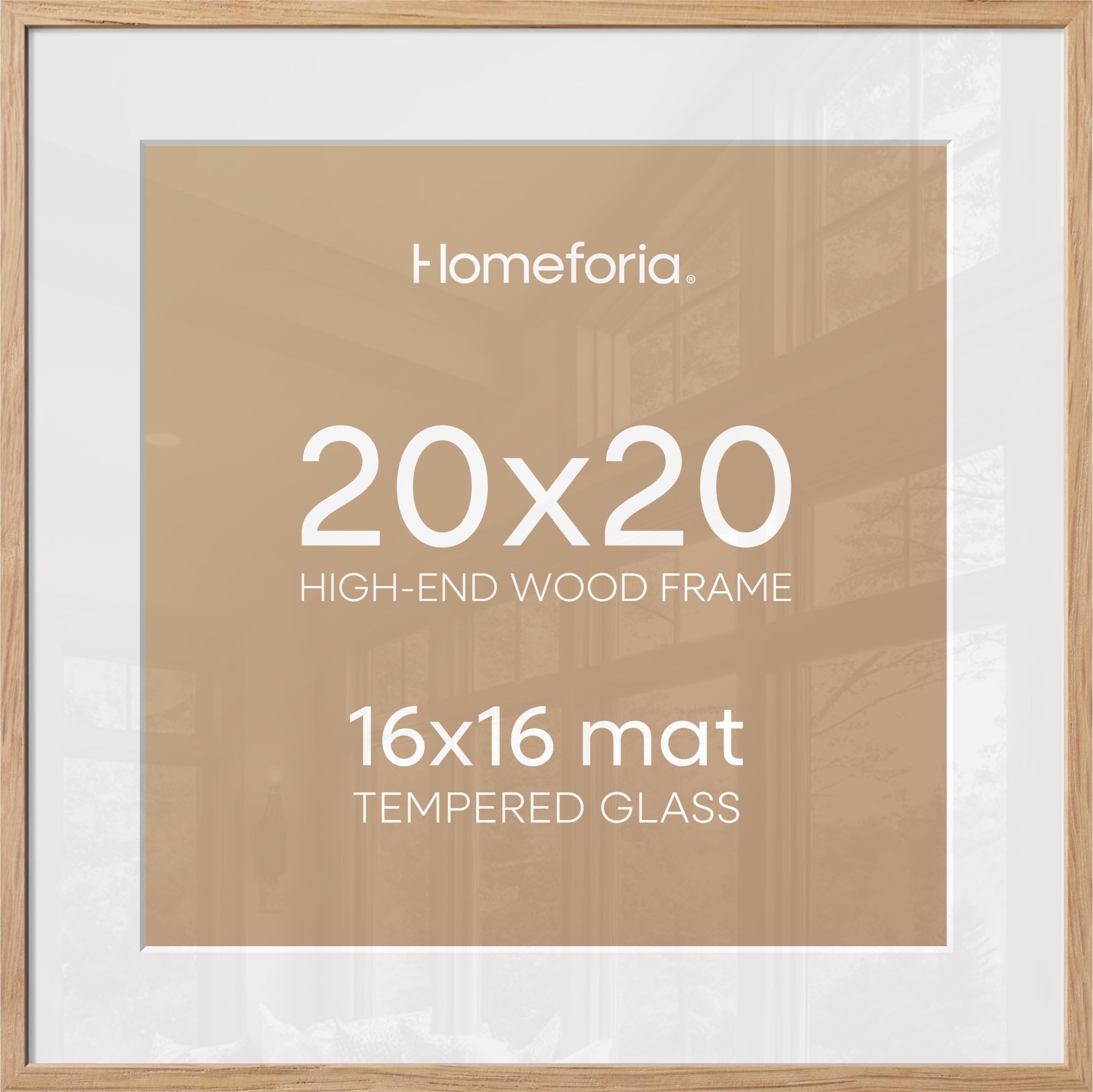 Homeforia 20x20 Wood Picture Frame, High End Natural Oak 20 x 20 Square Light Wooden Frames with Mat 16 by 16 inch Photo, 20by20 Poster Frames Matted to 16x16 Print, Tempered Glass, Wall Kit, Set of 2