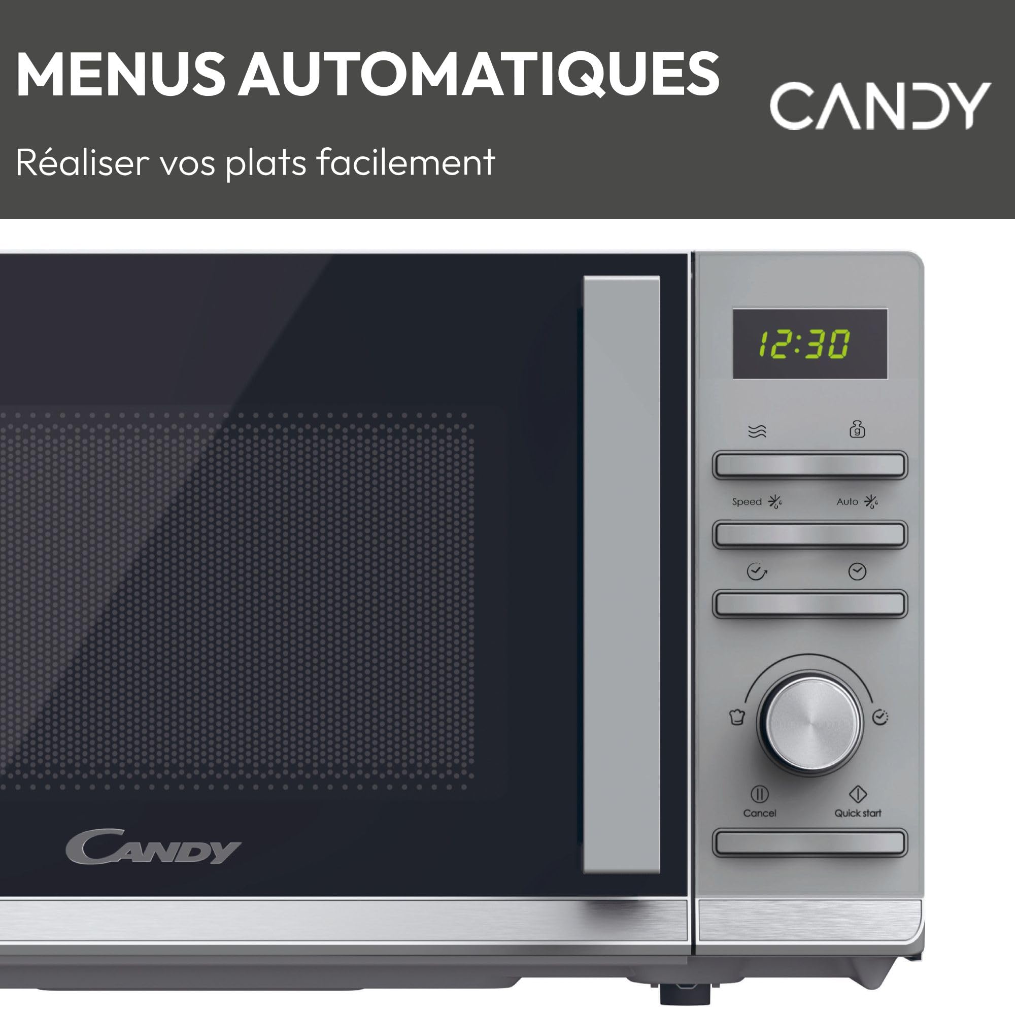 Candy Moderna CMWA23TNDS Four Micro-ondes 900W 23L Digital, Fonction Décongélation, 14 Menus Automatiques, Plateau Tournant en Verre, 11 Niveaux de Puissance, Cuisson Express, Sécurité Enfant, Argent
