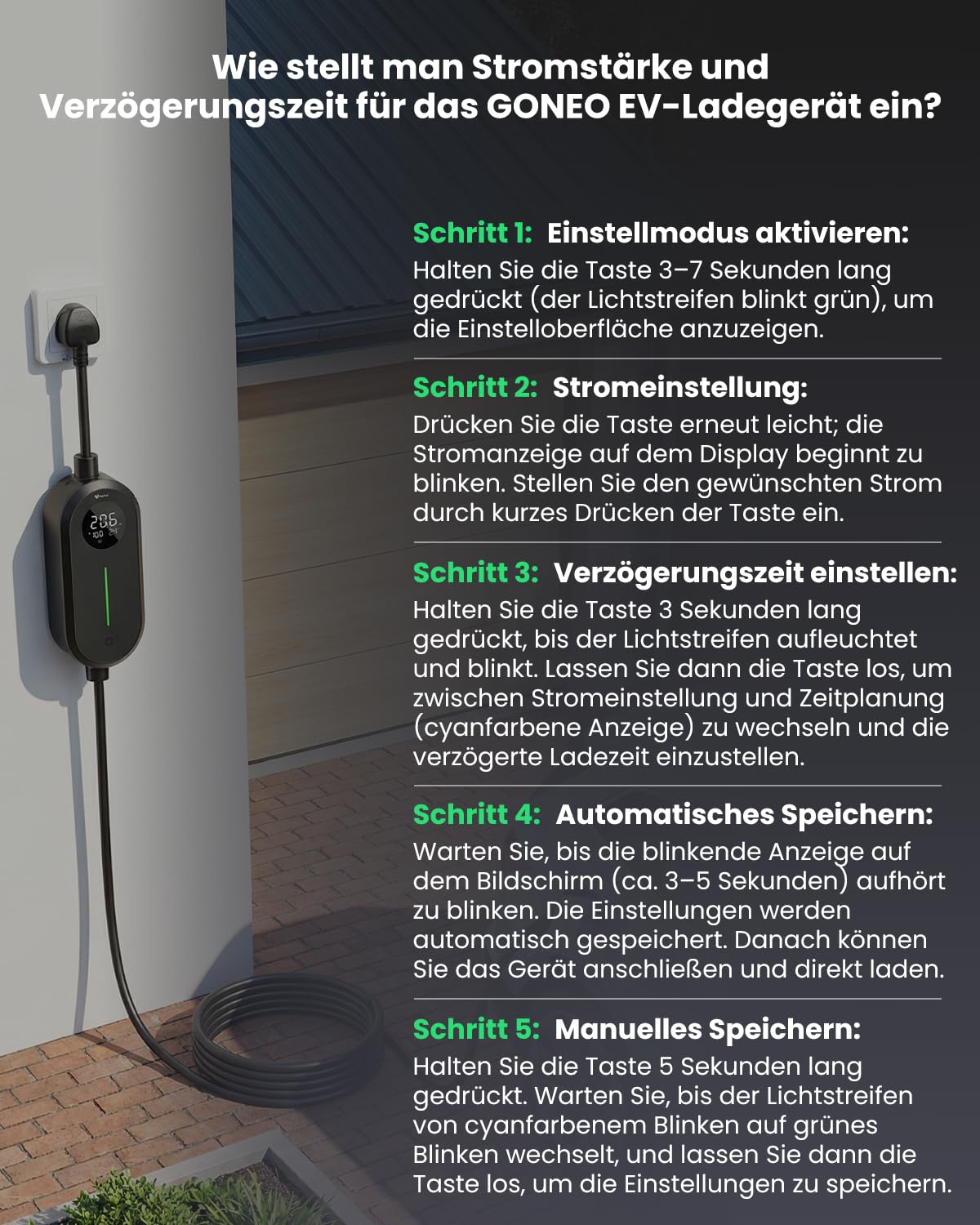 GONEO Typ 2 EV Ladegerät Schuko IP66 Wasserdicht, 3,68kW 16A (6–16A einstellbar), 10m 1-phasig 230V Tragbares Ladekabel, Mobile Wallbox mit LCD & Timer, für Elektroautos und PHEV