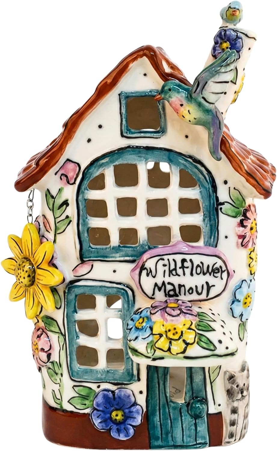 Blue Sky Clayworks Wildflower Manour Hummingbird Candle House, Ceramic, 5.25" L x 5" W x 8" H, Meadow Window Glow