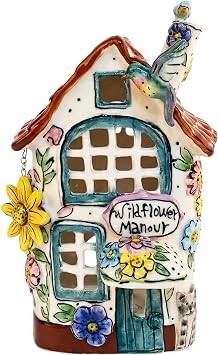 Blue Sky Clayworks Wildflower Manour Hummingbird Candle House, Ceramic, 5.25" L x 5" W x 8" H, Meadow Window Glow