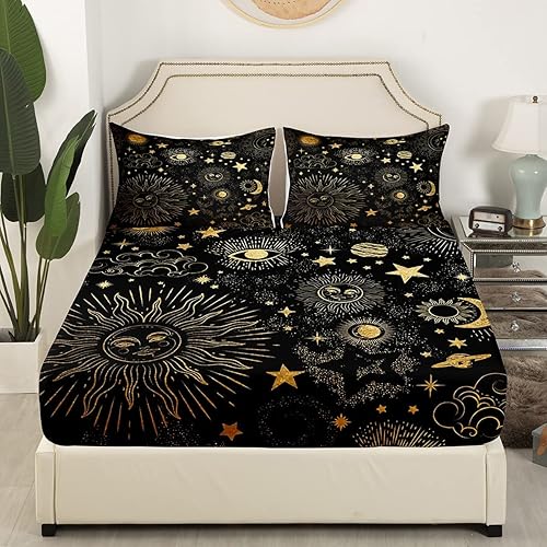 Miniatura 3 de Erosebridal Juego de sábanas de Star Moon tamaño matrimonial sábanas de la serie Starry Sky para niños planetas cósmicos con patrón de cara solar