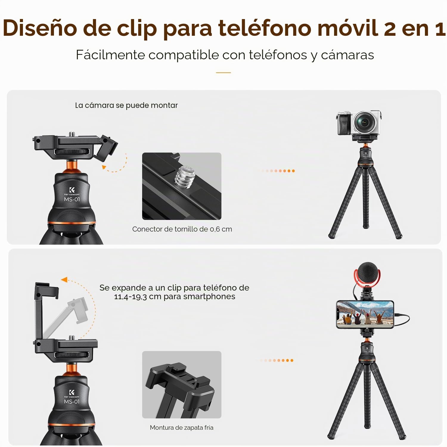 K&F CONCEPT Trípode para Móvil Flexible para Cámara con Mando a Distancia Bluetooth, Trípode Compacto para Teléfono Móvil y Soporte Giratorio de 360°