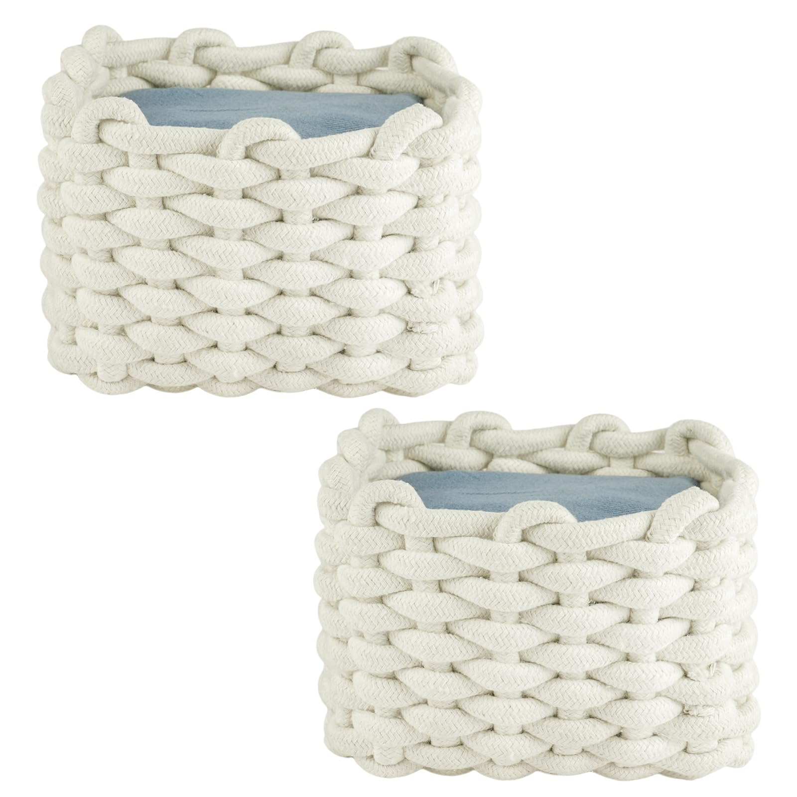 Aolso 2er-Set kleiner Aufbewahrungskorb aus geflochtenem Baumwollseil, Wickeltisch-Organizer, dekorative quadratische Regalkörbe für Kinderzimmer, Wohnzimmer und Badezimmer (weiß)