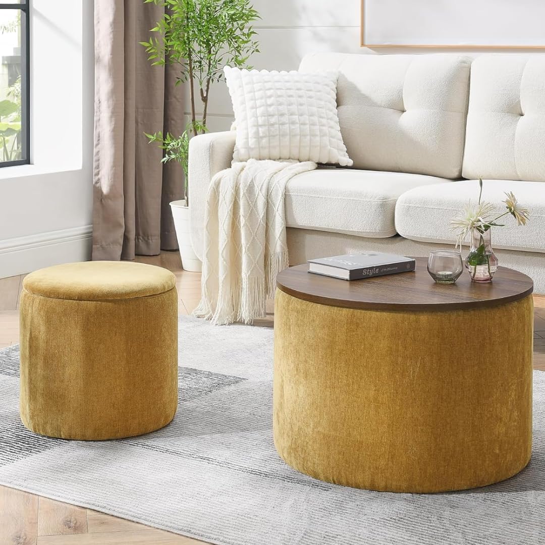 Combo - Elegent Debe Round Velvet Storage Ottoman Coffee Table Set of 2 – Yellow + Ochre Velvet Round Storage Ottoman Coffee Table with Removable Lid – Blue