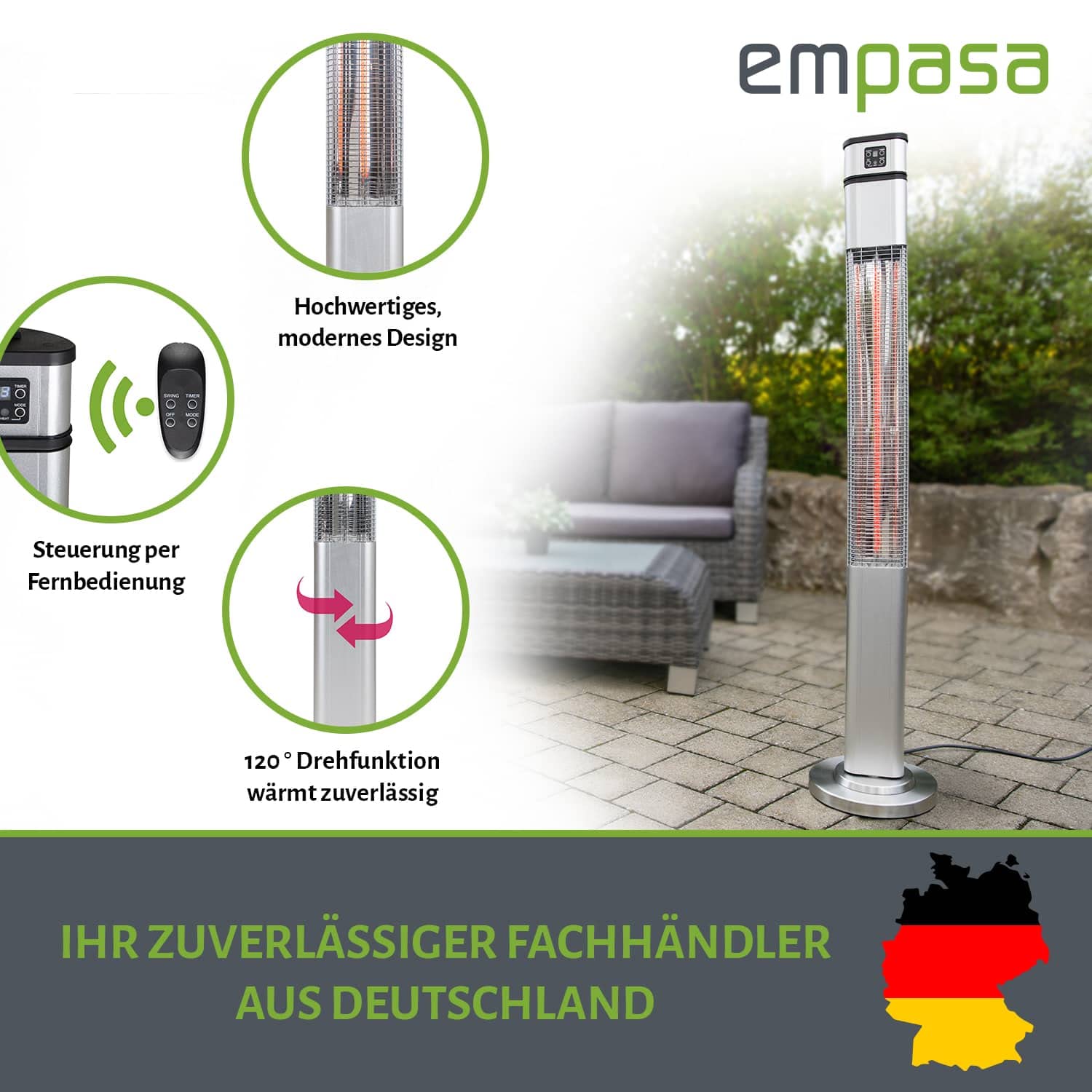 empasa elektrische Heizsäule 'Tower UP' elektrischer Heizer Elektroheizer Infrarot Stand-Heizstrahler Terrassenheizer Terrassenstrahler mit Drehfunktion, Fernbedienung und Abdeckhaube
