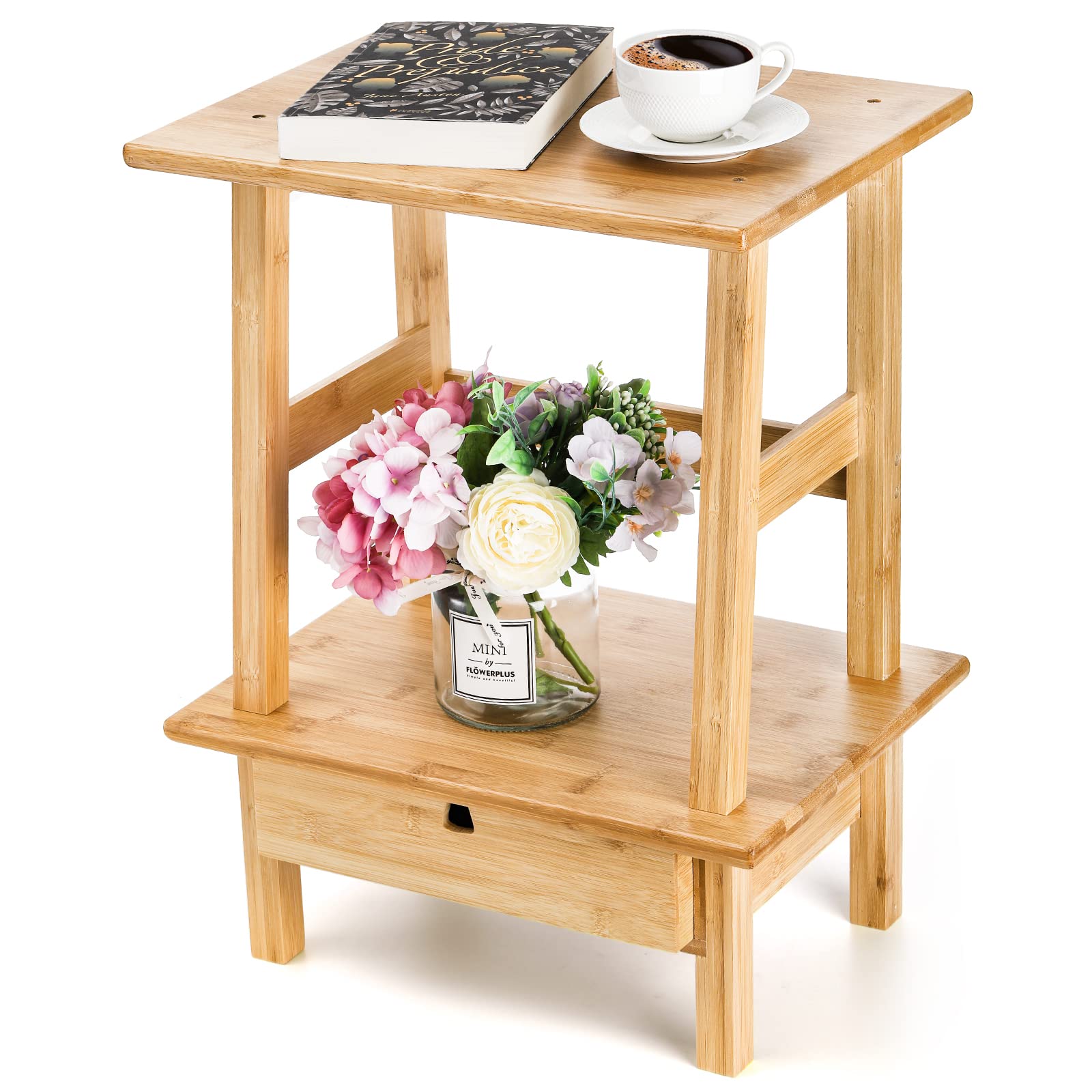 yarlung Stackable 2 Tier Side Table, 21 Inch Tall End Table with Storage Drawer, Bamboo Nightstand Bedside Table for Small Space Shelf, Living Room, Bedroom, Office, Easy Assembly