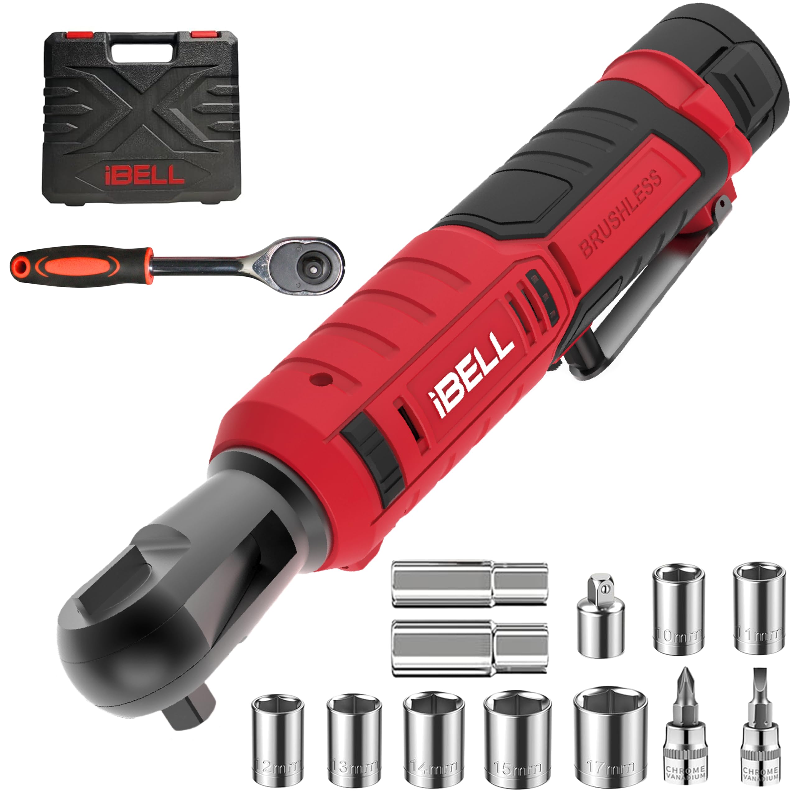 IBELL BW12-70 Cordless Ratchet Wrench Kit, 12V Brushless, 3/8" (9.5mm) Output Shaft, 70 Nm Torque, 0–200 RPM Variable Speed, Forward & Reverse, 1500mAh Battery, Includes Sockets, 12 Months Warranty-image-46