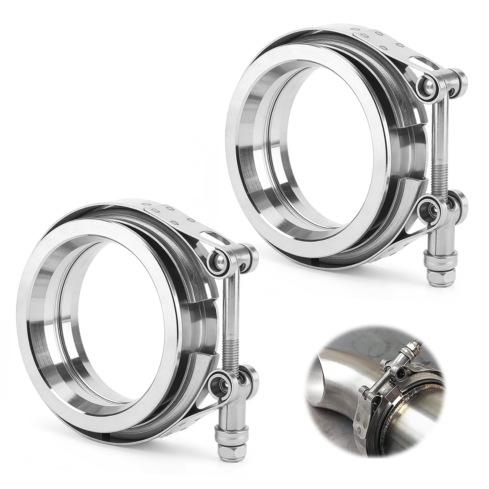Kit De 2 Colliers De Serrage V-Band En Acier Inoxydable ø 63,5 Mm (2,5") Kit De Colliers V-Band Pour éChappement Automobile Avec Bagues De Centrage Et Collier Pour Durite De Turbo Couleur Argent