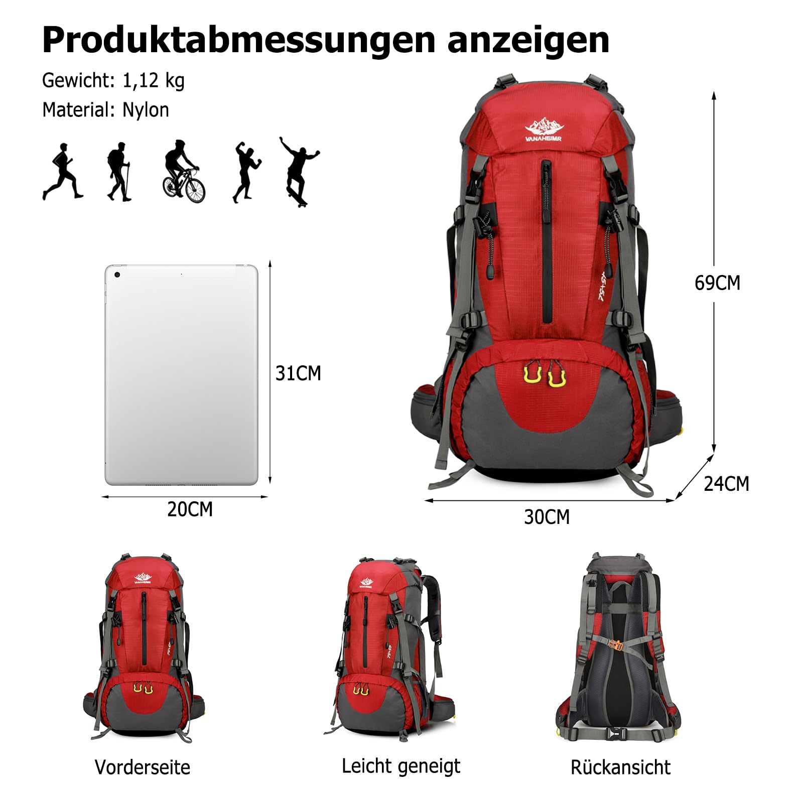 50L Wanderrucksack Wasserdichter Rucksack Reiserucksack mit Regenhülle Herren Damen Backpack für Wandern Bergsteigen Camping Reisen Sport Rot