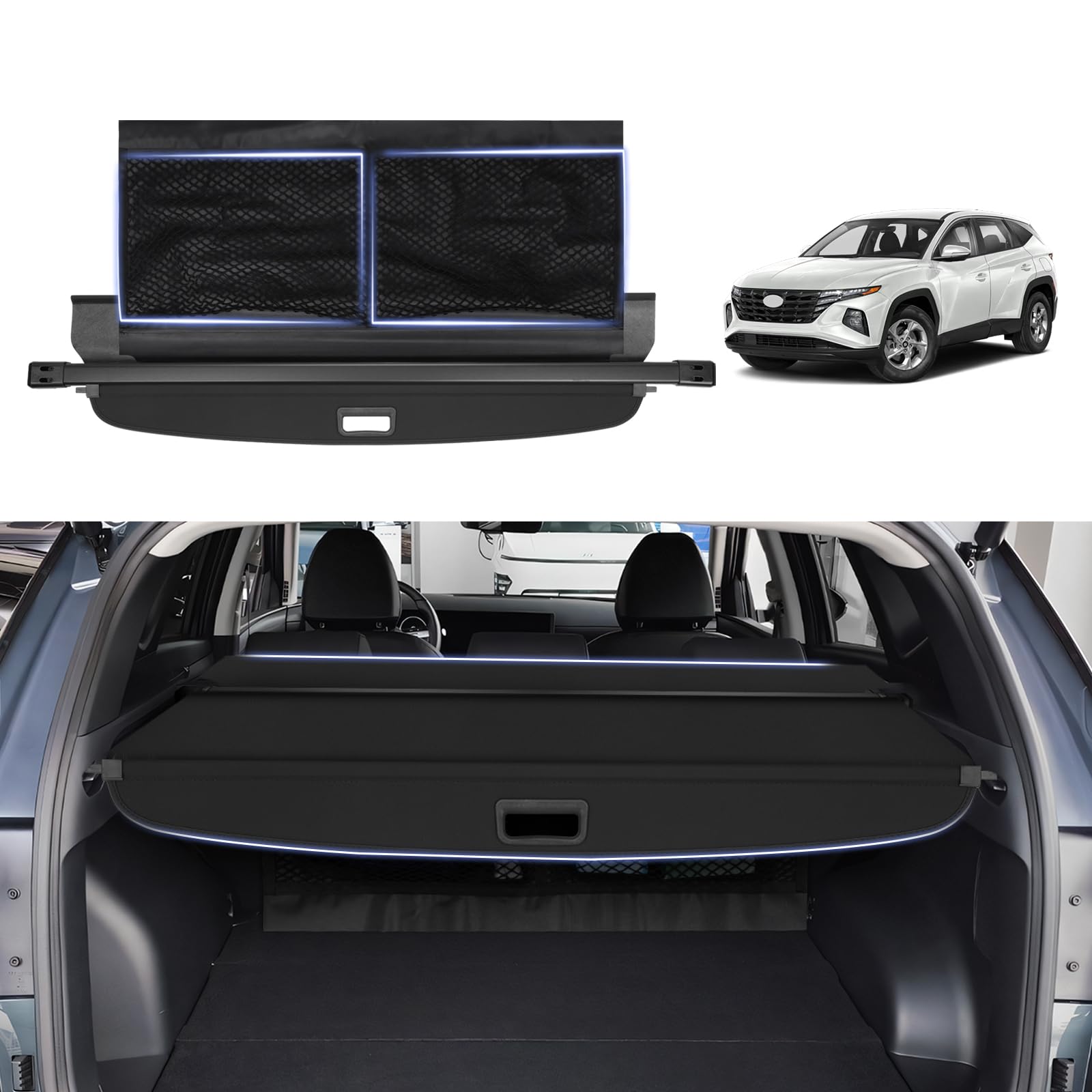 Cargo Cover for Hyundai Tucson 2025-2022 with Extra Storage Net, Trunk Cover for Tucson 2025 Retractable Security Shield Shade Cover with No Gap