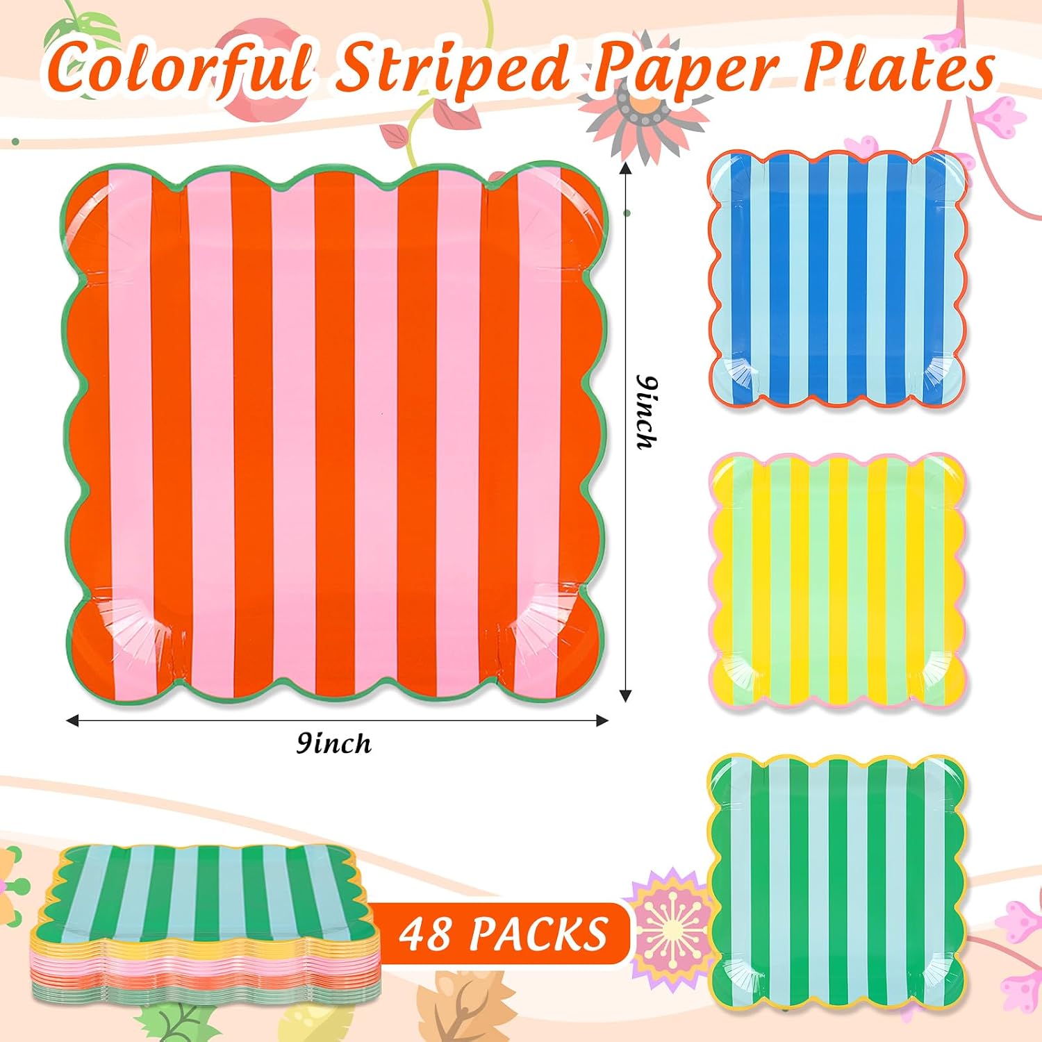 Whaline 48Pcs Striped Square Paper Plates, Scalloped Edge, Colorful, 9 In image 2
