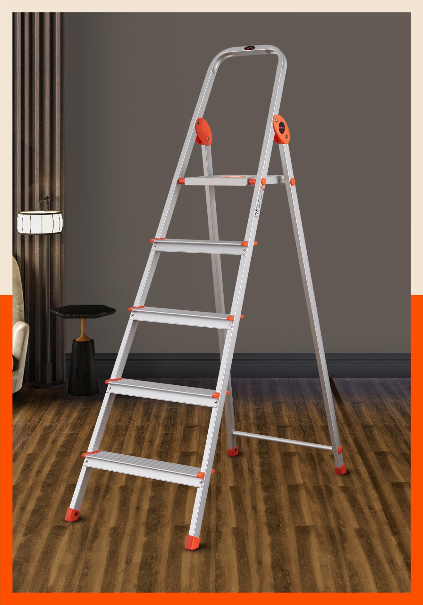 Bathla Safex 5-Step Aluminium Ladder for Home | 150 Kg Load Capacity | Anti-Slip Steps | Sure-Hinge Technology | Edge Guards | Foldable Design | 5 Year Warranty