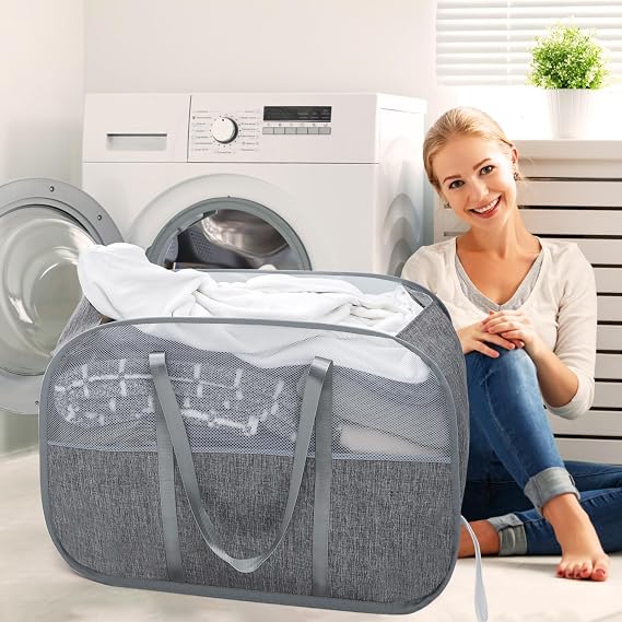Collapsible Laundry Baskets with Easy Carry Handles, 95L Clothes Hamper Foldable Basket with Tote Handles Grey+Black