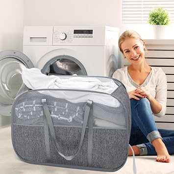 Collapsible Laundry Baskets with Easy Carry Handles, 95L Clothes Hamper Foldable Basket with Tote Handles Grey+Black