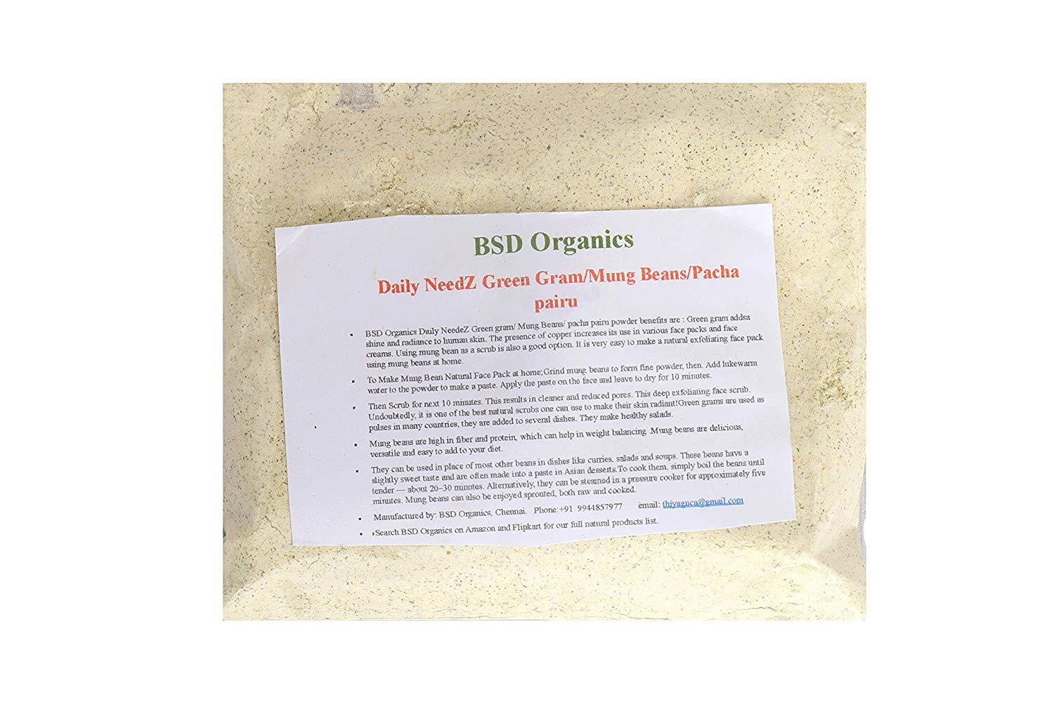 BSD Organics Powder of Daily NeedZ Green Gram/Mung Beans/Pacha Pairu - 200 G
