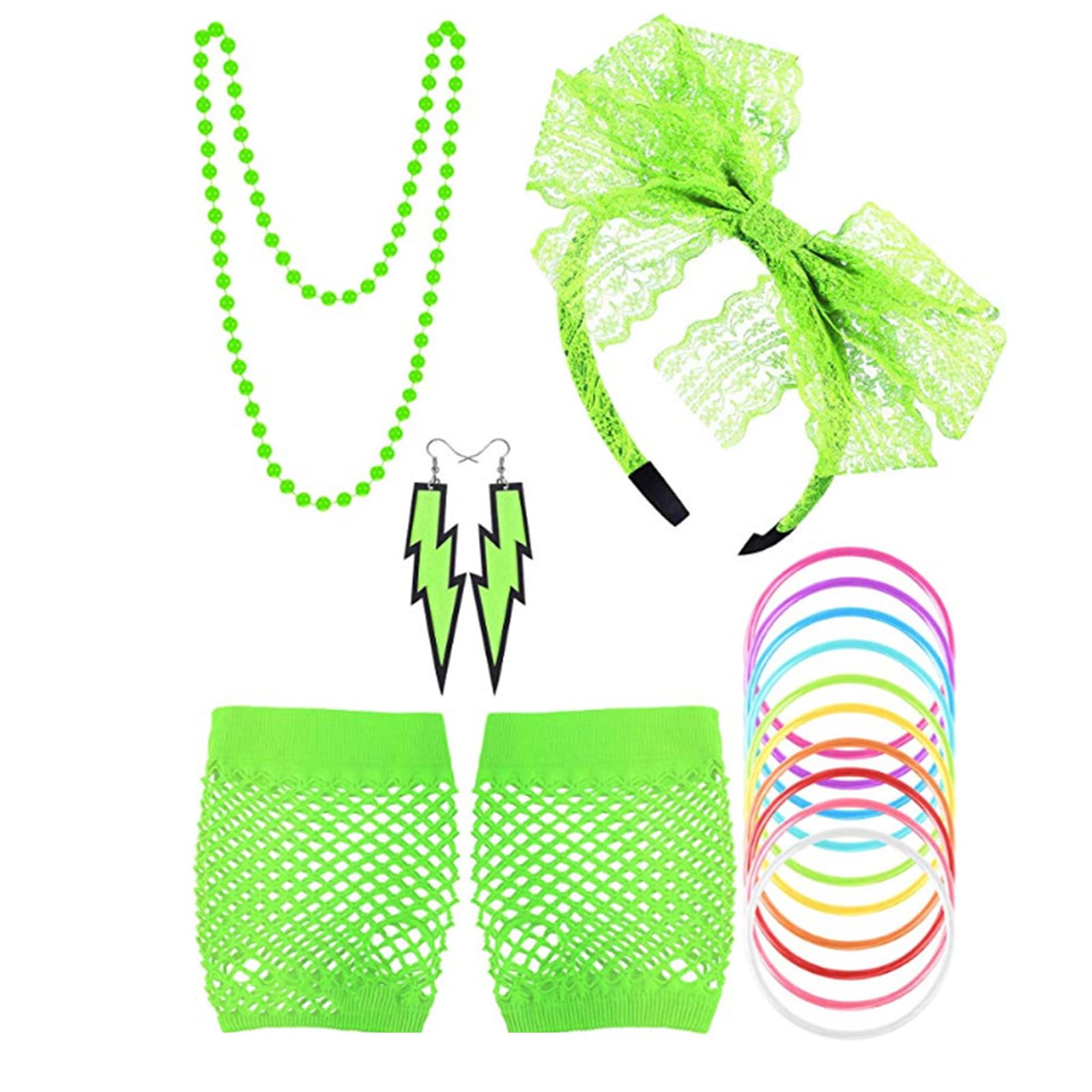 80s Fancy Dress Costume Accessories for Women 1980s Fancy Party Costume Set Lace Headband Earrings Fishnet Gloves Necklace Bracelet for 80s Retro Party(Green)