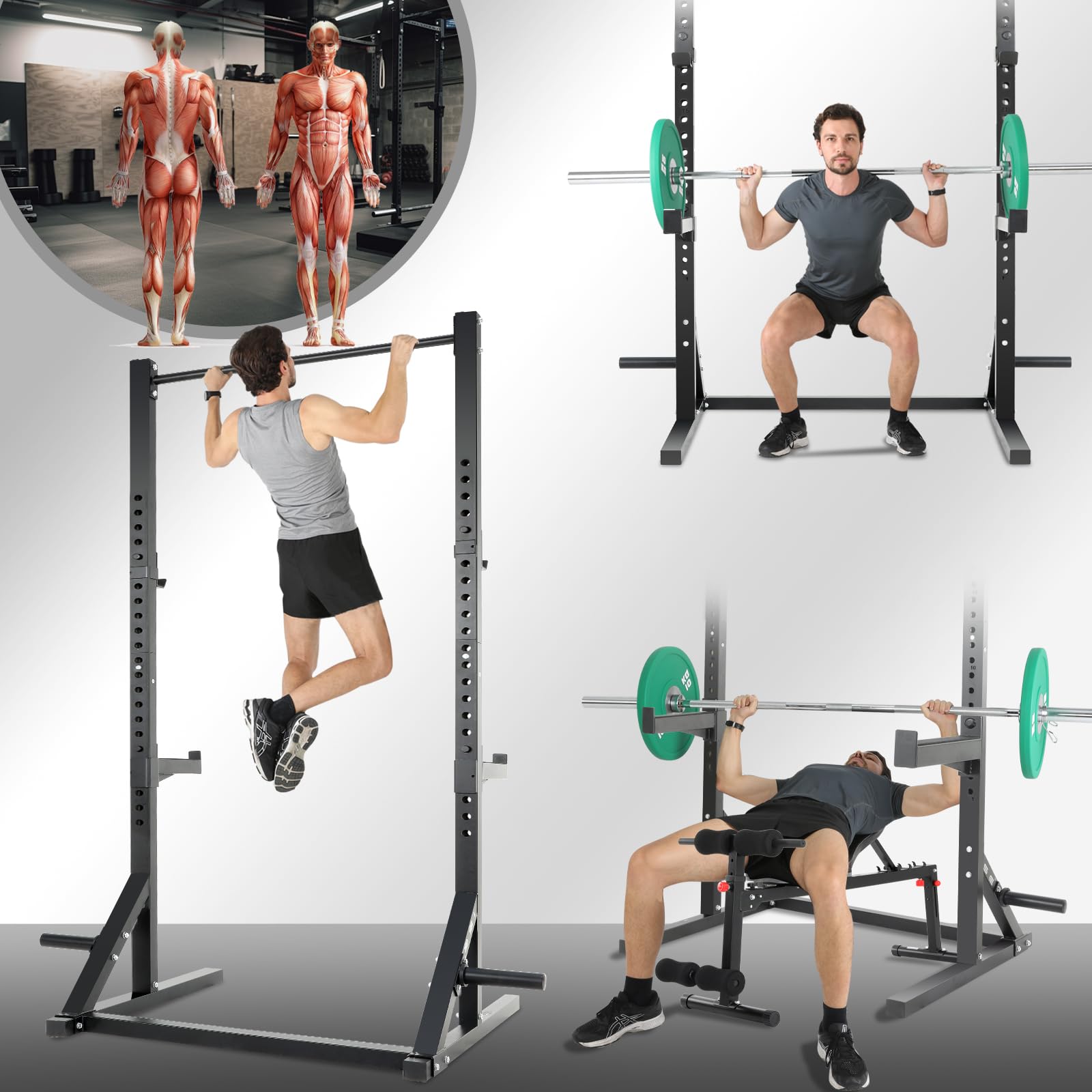 ISE Power Cage Verstellbares Kraftstation-Rack für Gewichtheben, Kniebeugen und Kreuzheben, Power Rack Schwarz Smith Machine Multipresse, Stahl-Konstruktion Klimmzugstange für Home Gym