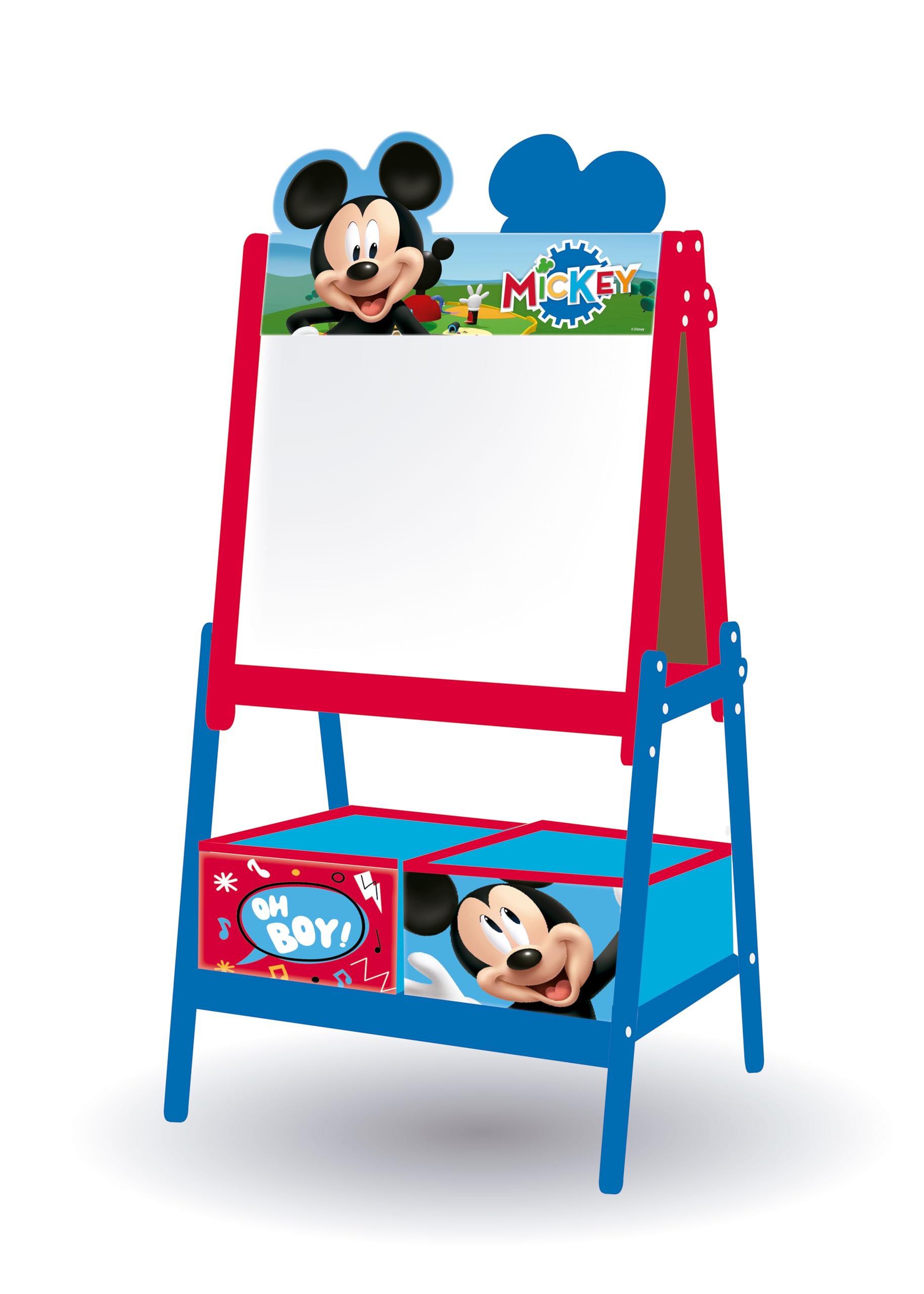 ARDITEX - Pizarra infantil de Disney Mickey Mouse con doble superficie para uso de tiza y rotulador y 2 contenedores textiles para almacenaje - 54x45x117cm - Contenedores de 24x30x15cm - Color rojo