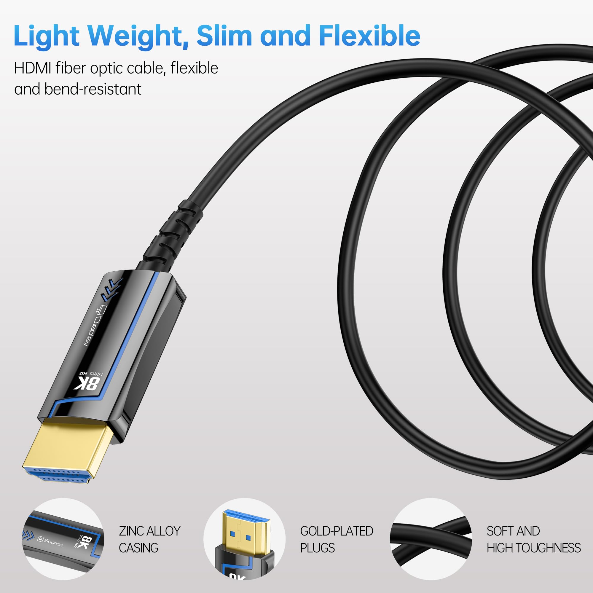 Cable HDMI de fibra óptica de velocidad HDMI 2.1 8K @60 4K @120Hz 48Gbps HDR eARC HDCP compatible con proyector UHD TV Box PS5, conector chapado en oro, computadora ultra alta (fibra óptica, 15