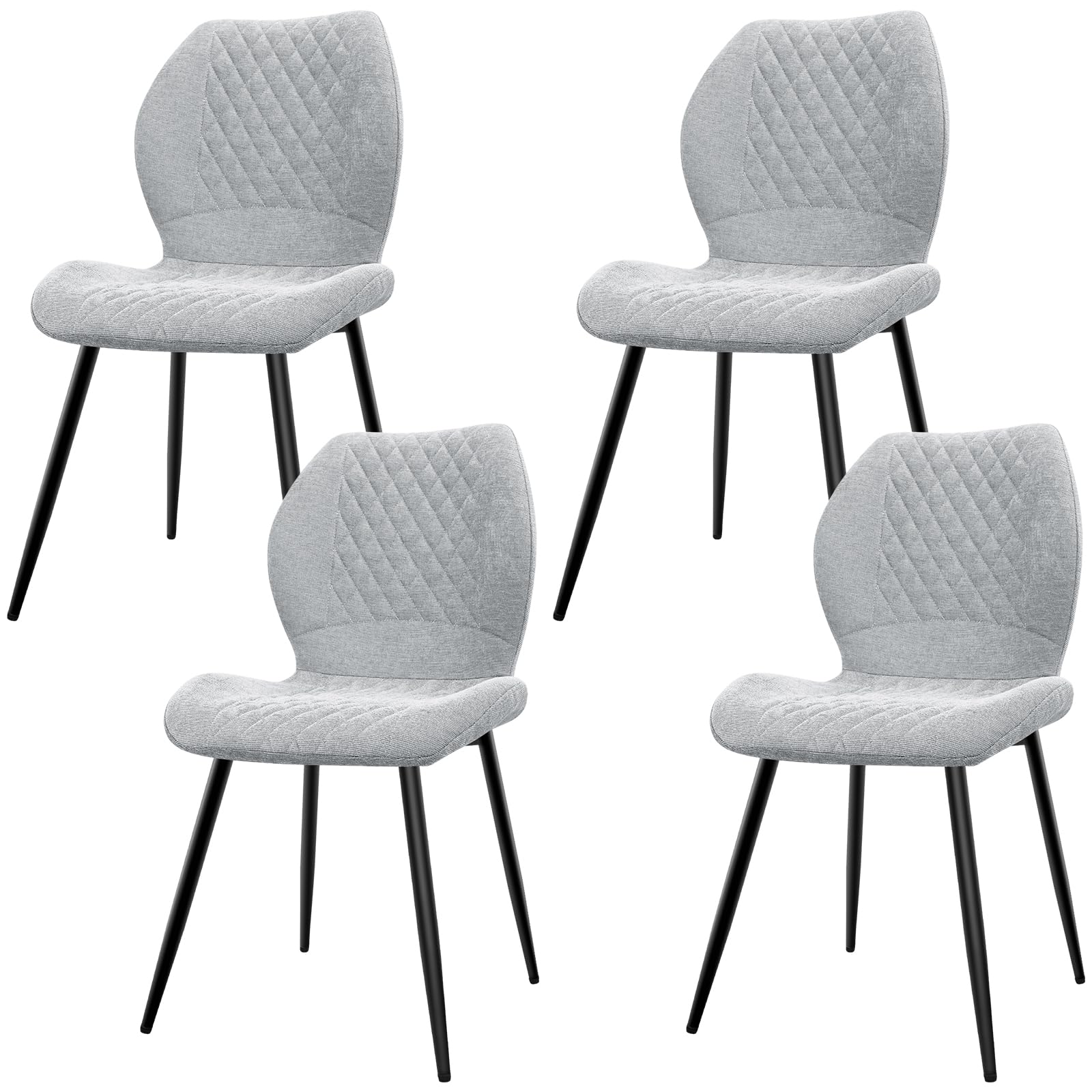 LEWE Juegos de 4 Sillas de Comedor de Lino, Estilo Moderno a Cuadros con Pata de Metal, Tapizadas, Silla de Cocina sin Brazos para Restaurante/Salón/Dormitorio, [Gris]