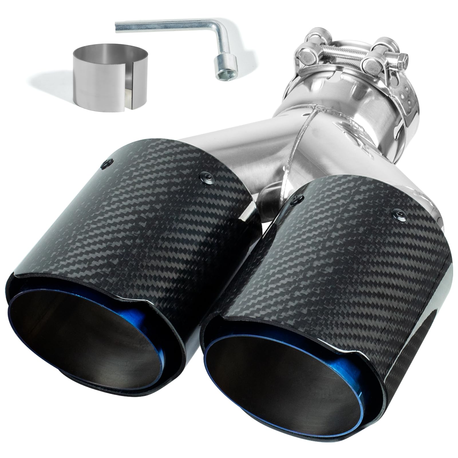 Catekro 63mm Terminale Scarico Auto Universale, Uscita Scarico in Acciaio Inox 304 & Fibra di Carbonio Tubo Terminale Marmitta Sportivo Fissare con Bulloni Chiave Inclusa (Doppia Uscita, Blu-nero)