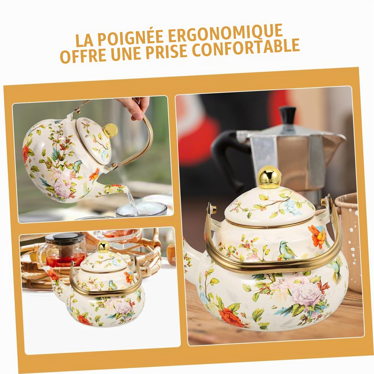 Ciieeo Théière Émaillée 1,5 l Vintage à Motif Floral, Bouilloire En Émail Robuste, Chauffage Rapide, Pour Cuisinière, Usage Domestique Et Voyage
