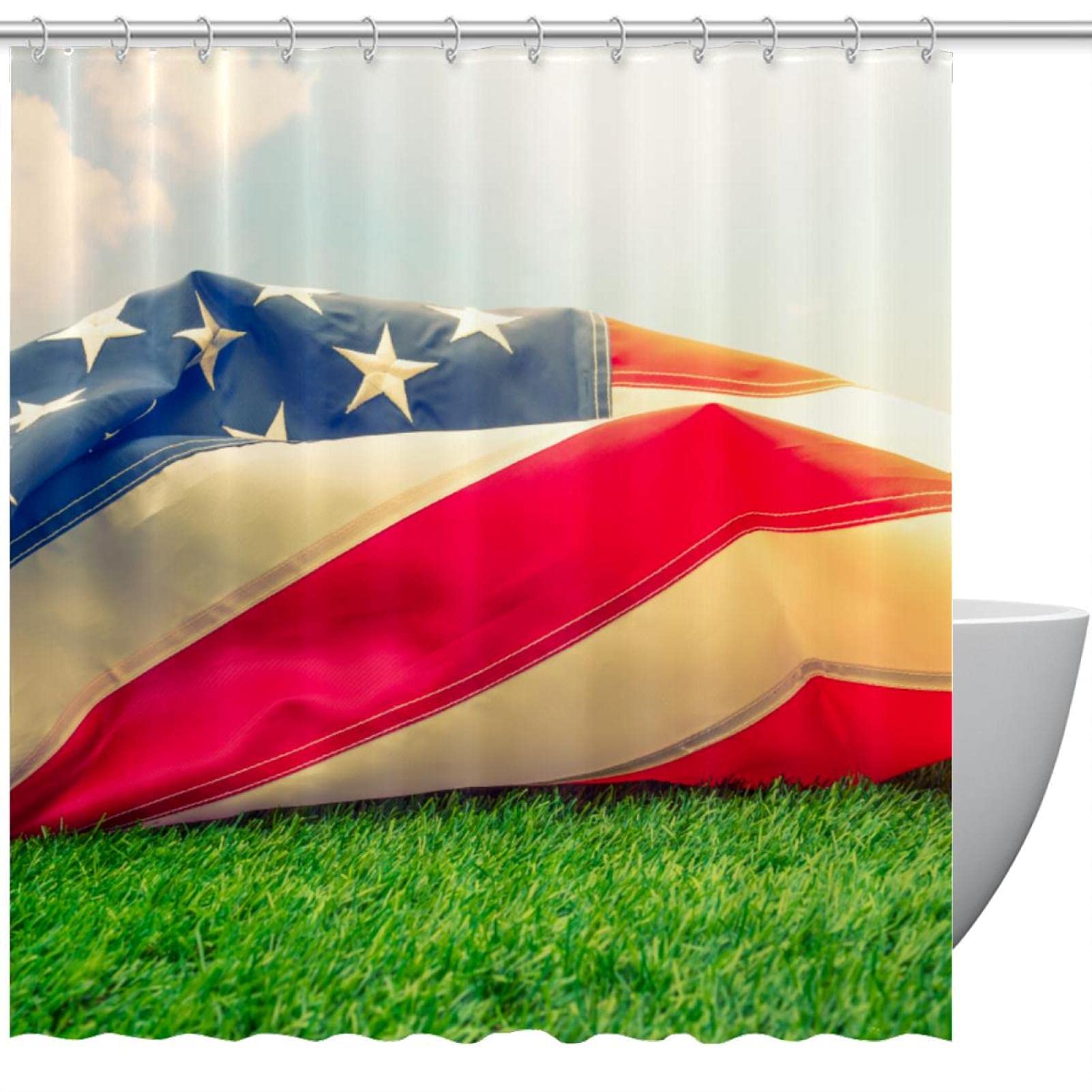 Rideau de douche vintage motif drapeau étanche avec ses 12 crochets