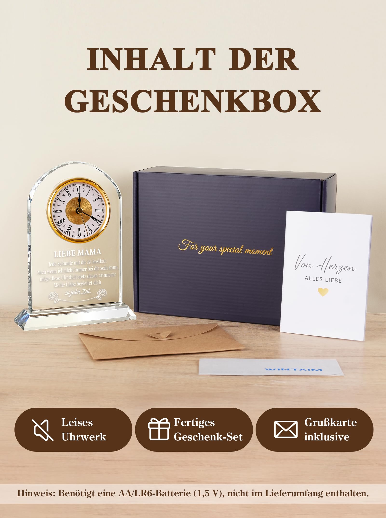 Geschenk für Mama zum Geburtstag & Muttertag – Edle Glasuhr mit Spruch von Tochter & Sohn – Besondere Geschenkideen für Frauen – Dekorative Tischuhr in Geschenkbox
