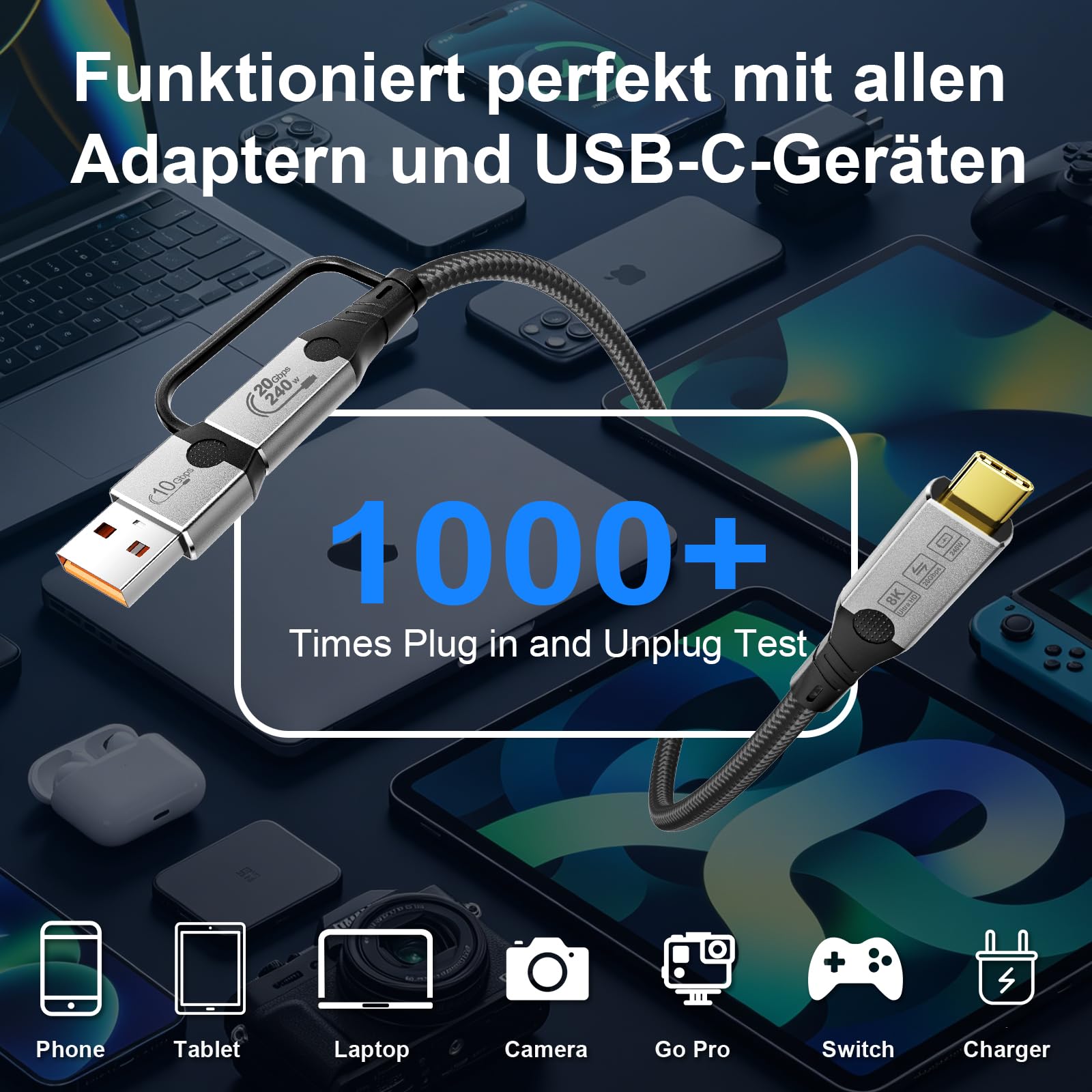 2-in-1 USB A/C auf USB-C Kabel, 20Gbps, 8K@60Hz，USB：3m+3m