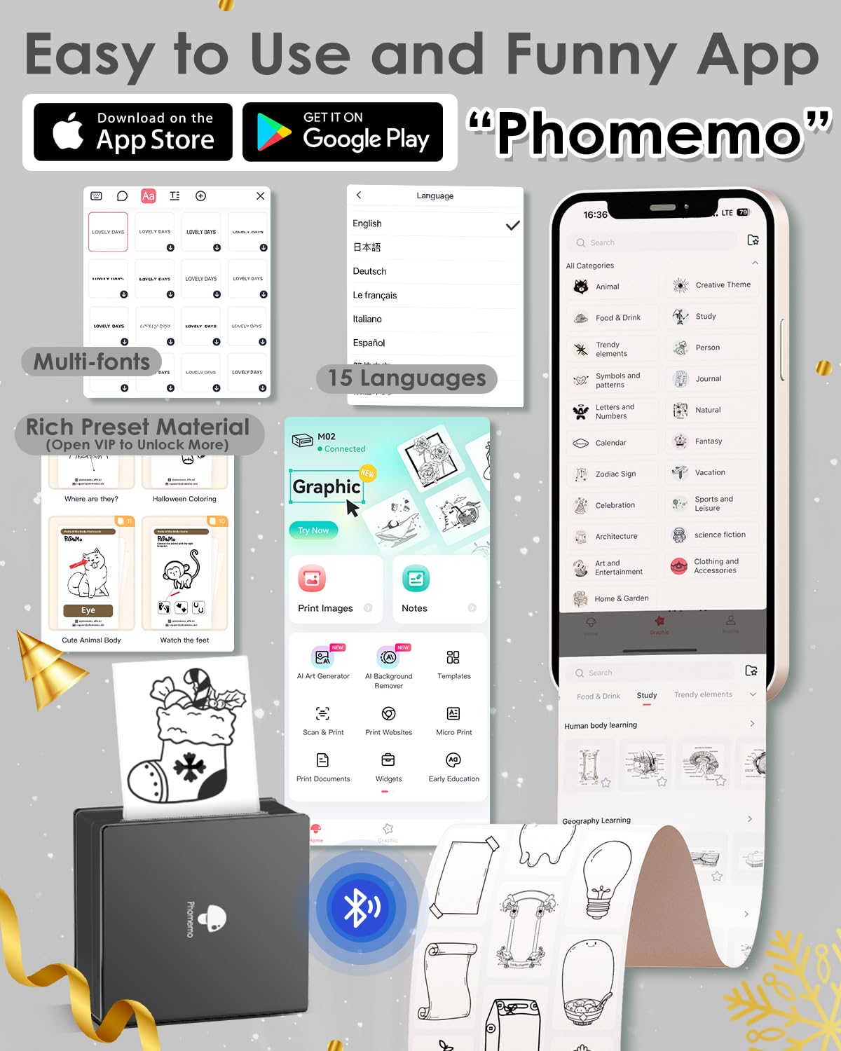 Phomemo M02 Mini Stampante Portatile Stampante Fotografica Termica Stampante per Smartphone, Compatibile con iOS Android per la Stampa di Documenti, Lista di Lavoro, Foto in Bianco e Nero, Nero