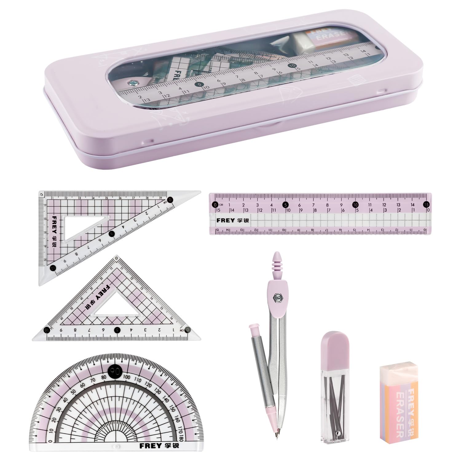 Wellrun Compass and Protractor Set,Drawing Equipment Box,Cute Geometry Kit with Ruler,Eraser,Pencil Refills,Maths Set for Secondary School,Office,Home,Measuring,Exam Stationery