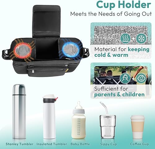 Miniatura 5 de La consola para padres se adapta a Wonderfold W2 y X2, organizador de cochecito de vagón con 2 portavasos aislados, múltiples bolsillos de