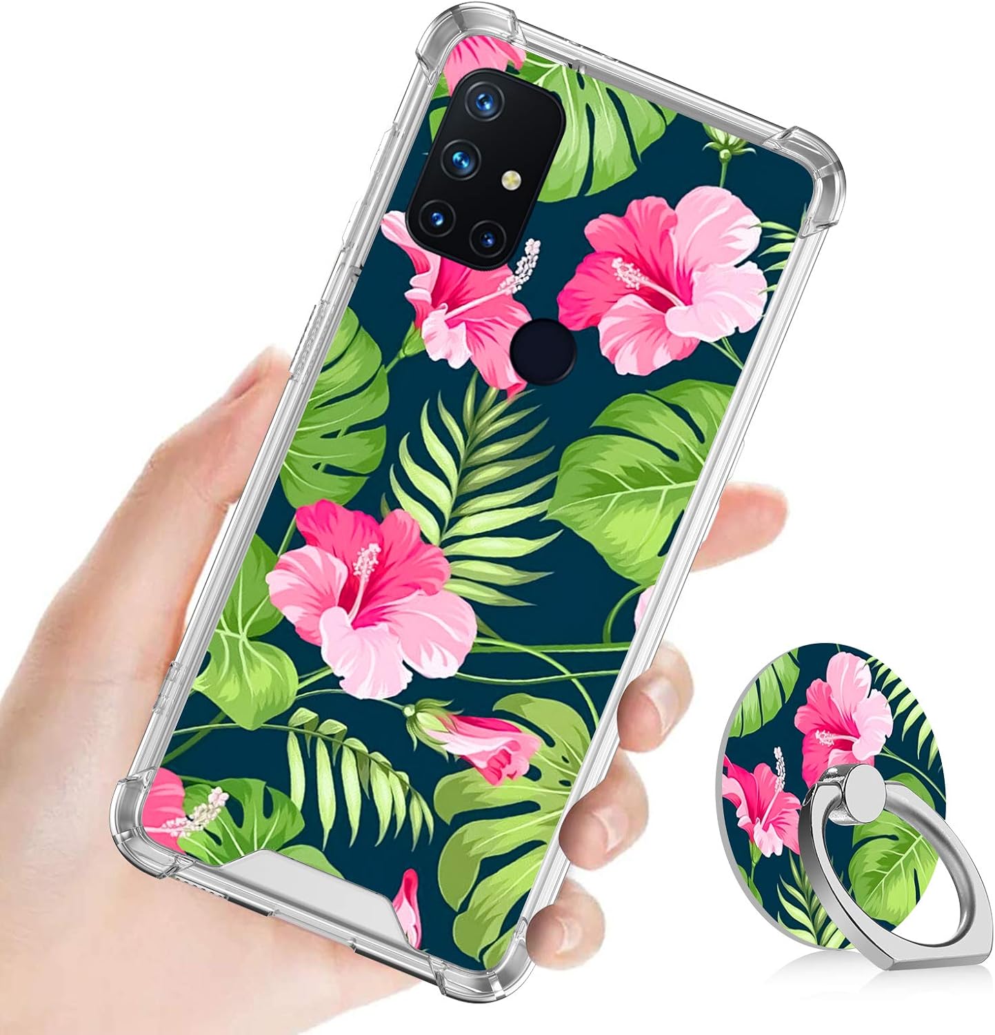 OOK Designed for Oneplus Nord N10 5G Case Pink Flower Floral Blossom Design with Ring Holder Kickstand for Women Girls Protective Shockproof Slim TPU Phone Bumper Cover Finger Stand Grip 6.49"